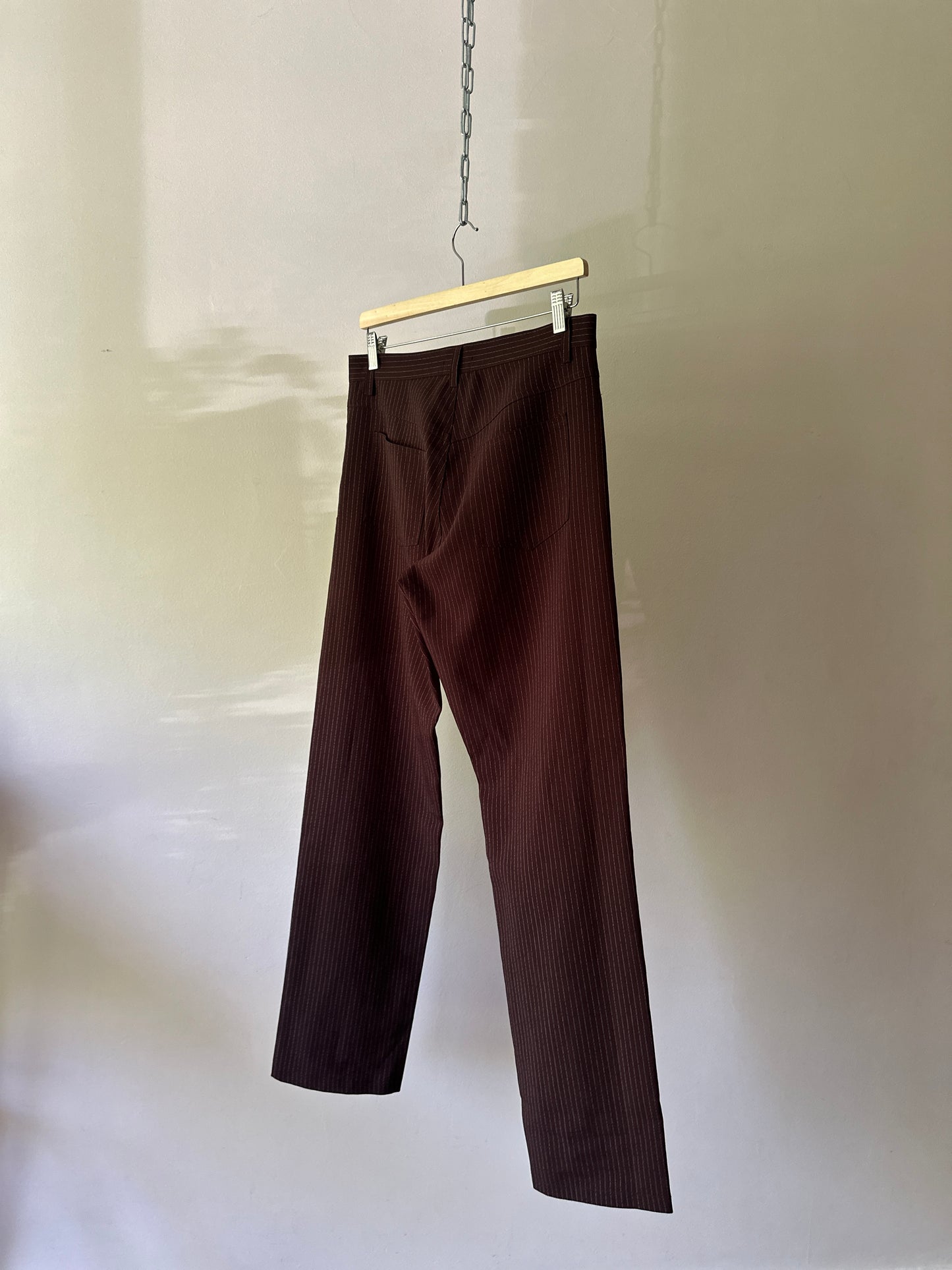 brown pinstripe straight leg pants