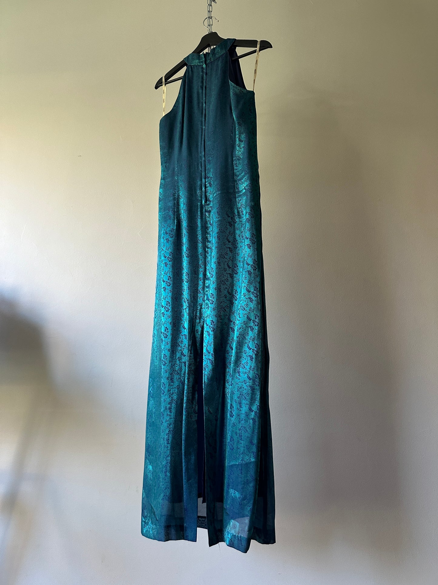 opaque green and blue halter formal dress