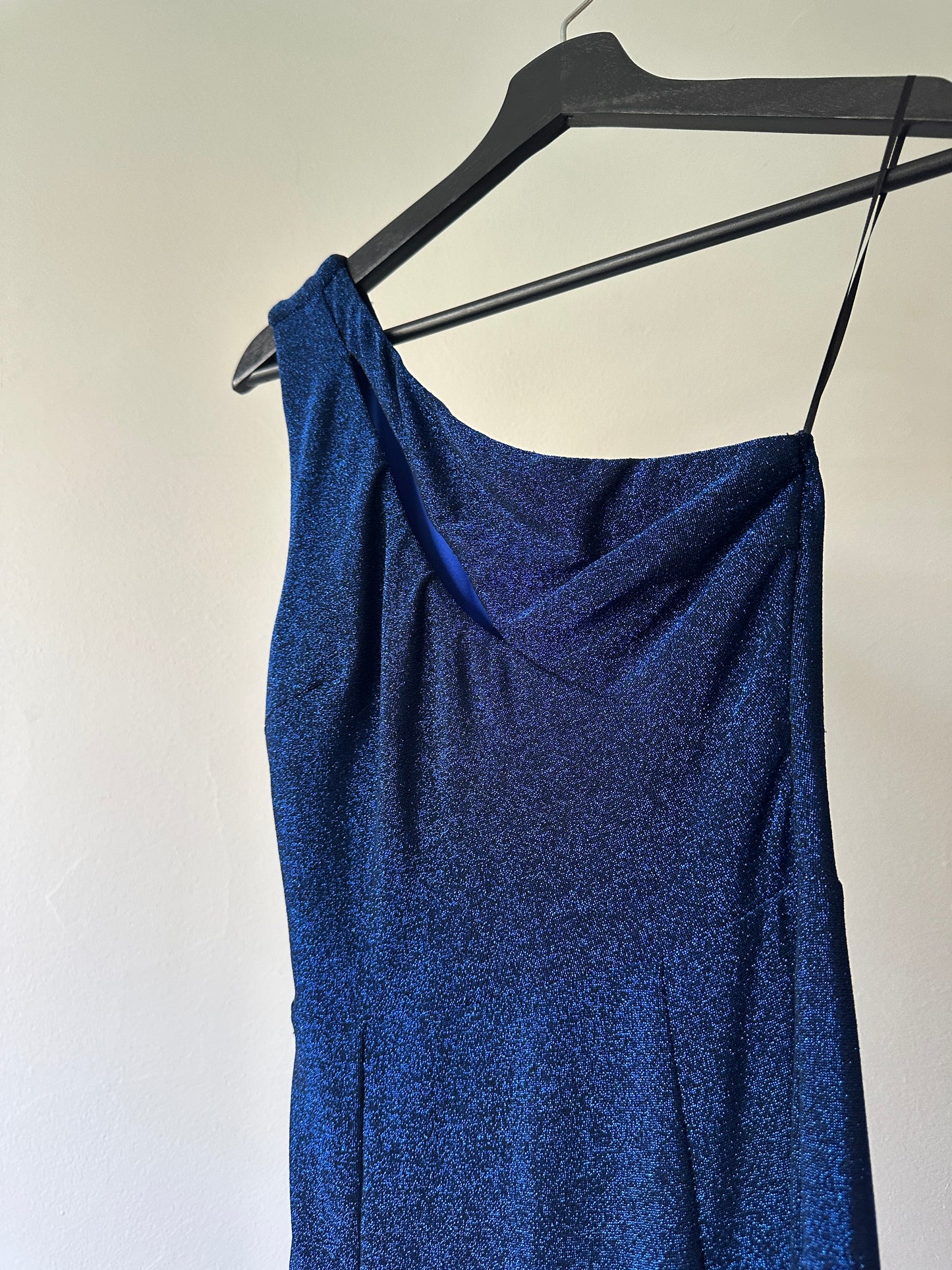 royal blue shimmer one shoulder formal dress