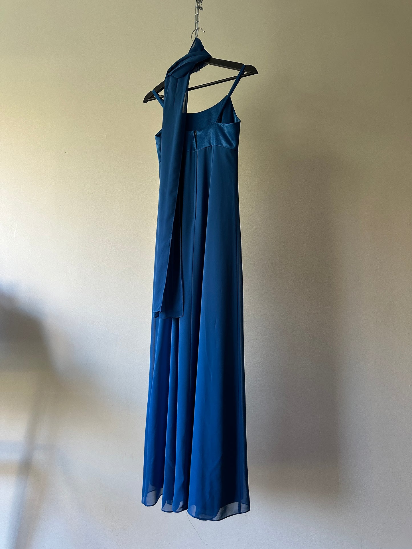 vibrant blue two toned formal dress with neck scarf