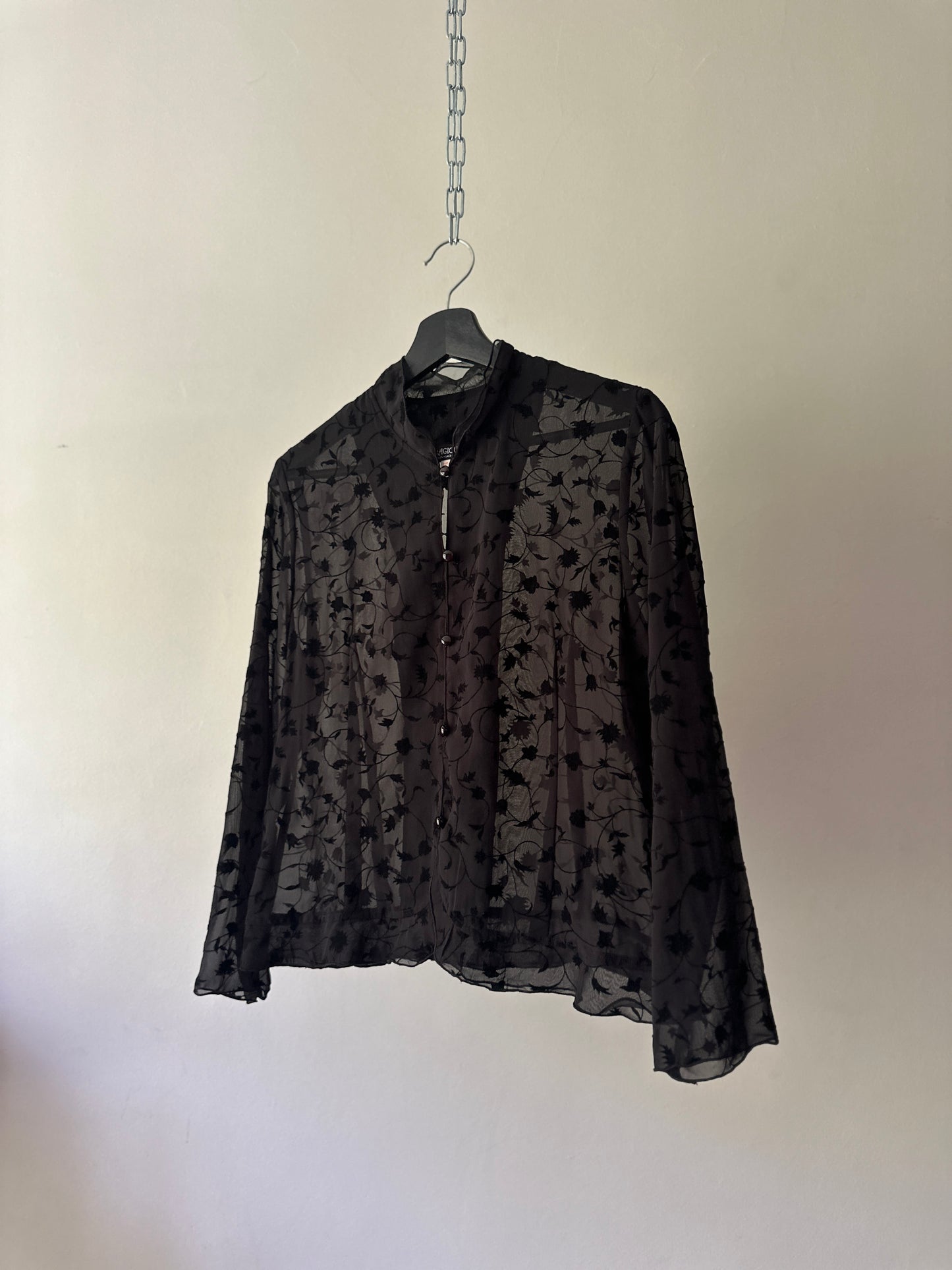 black sheer and velvet button up blouse