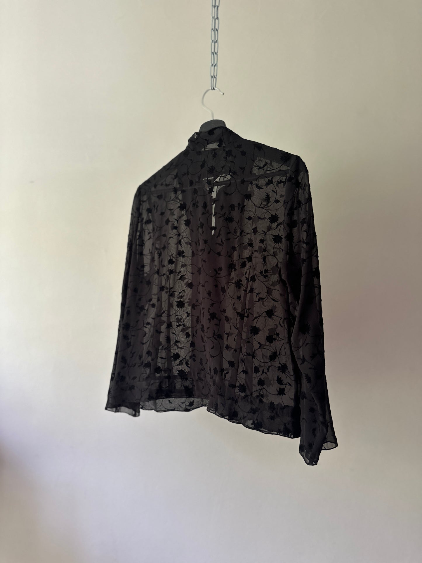 black sheer and velvet button up blouse