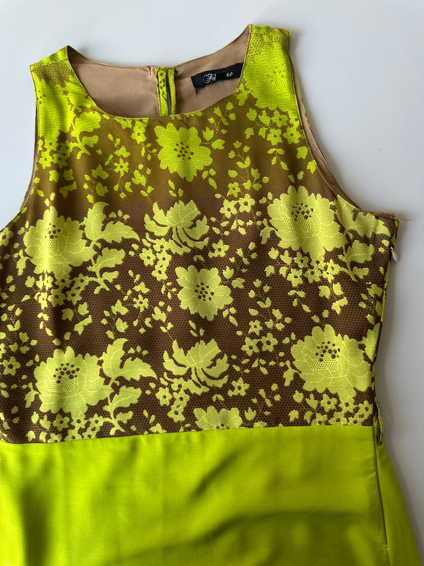 super bright green and brown floral dress