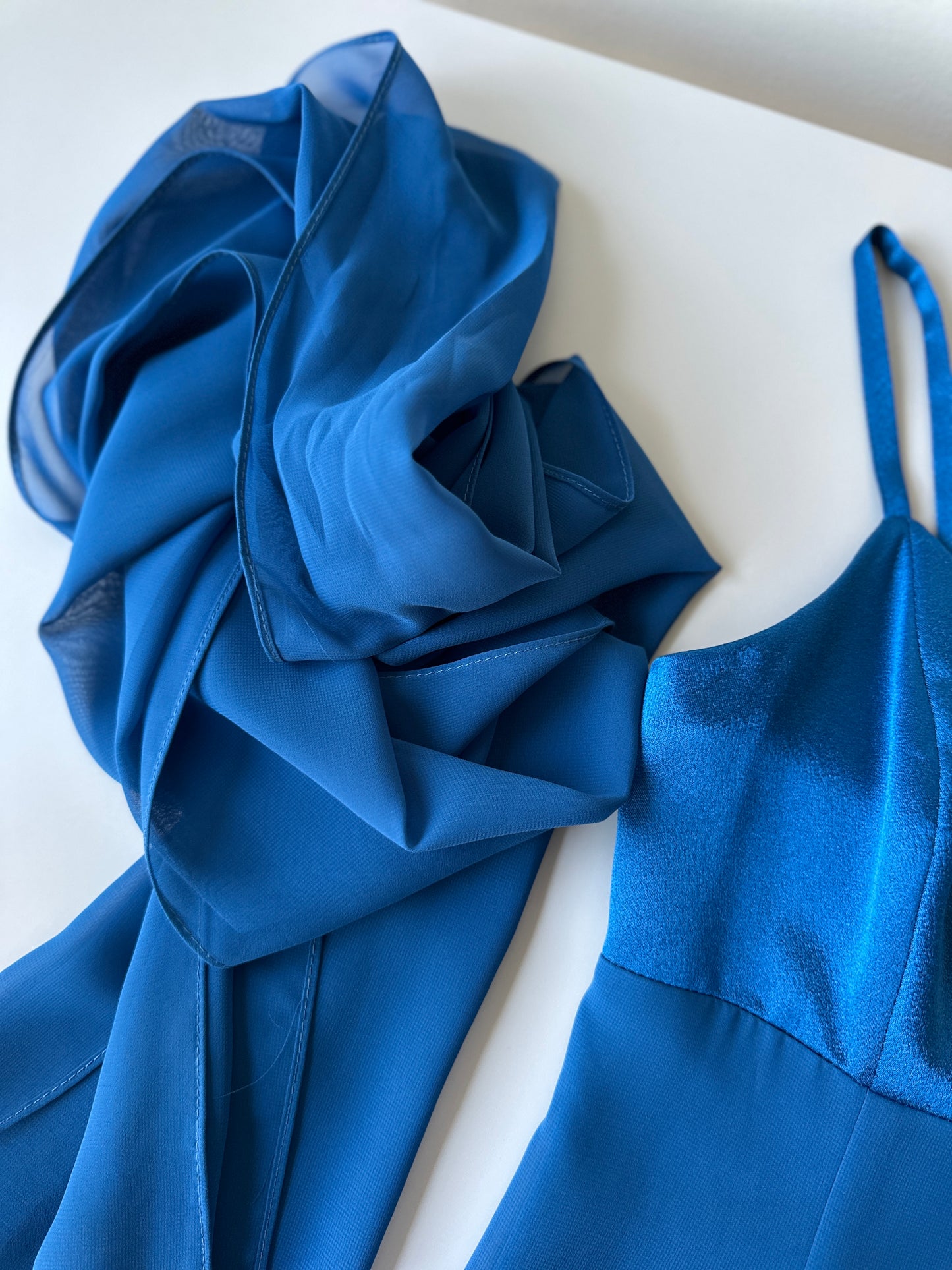 vibrant blue two toned formal dress with neck scarf
