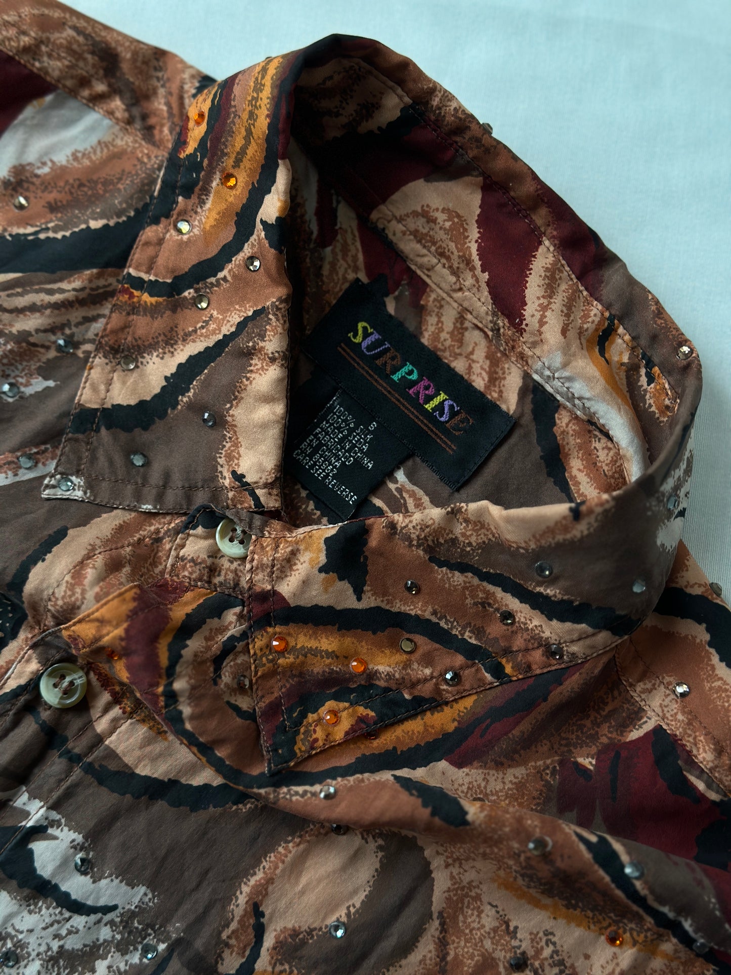 printed button up with diamantés