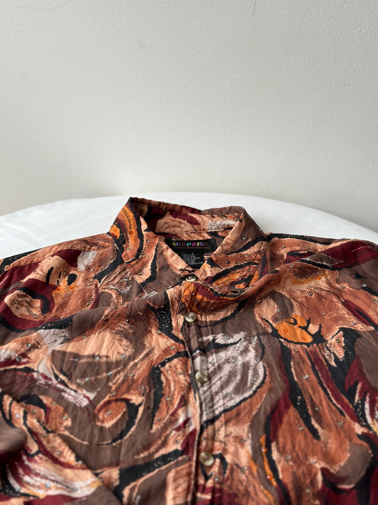 printed button up with diamantés