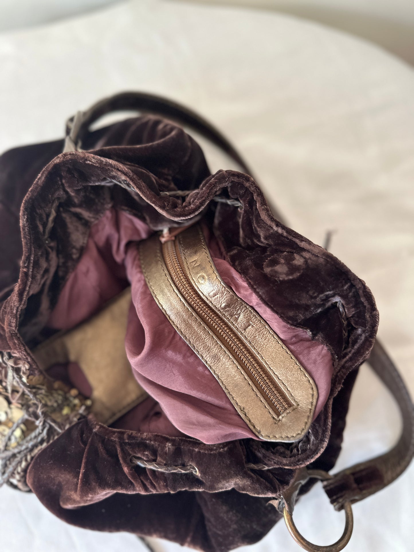 brown velvet hobo bag