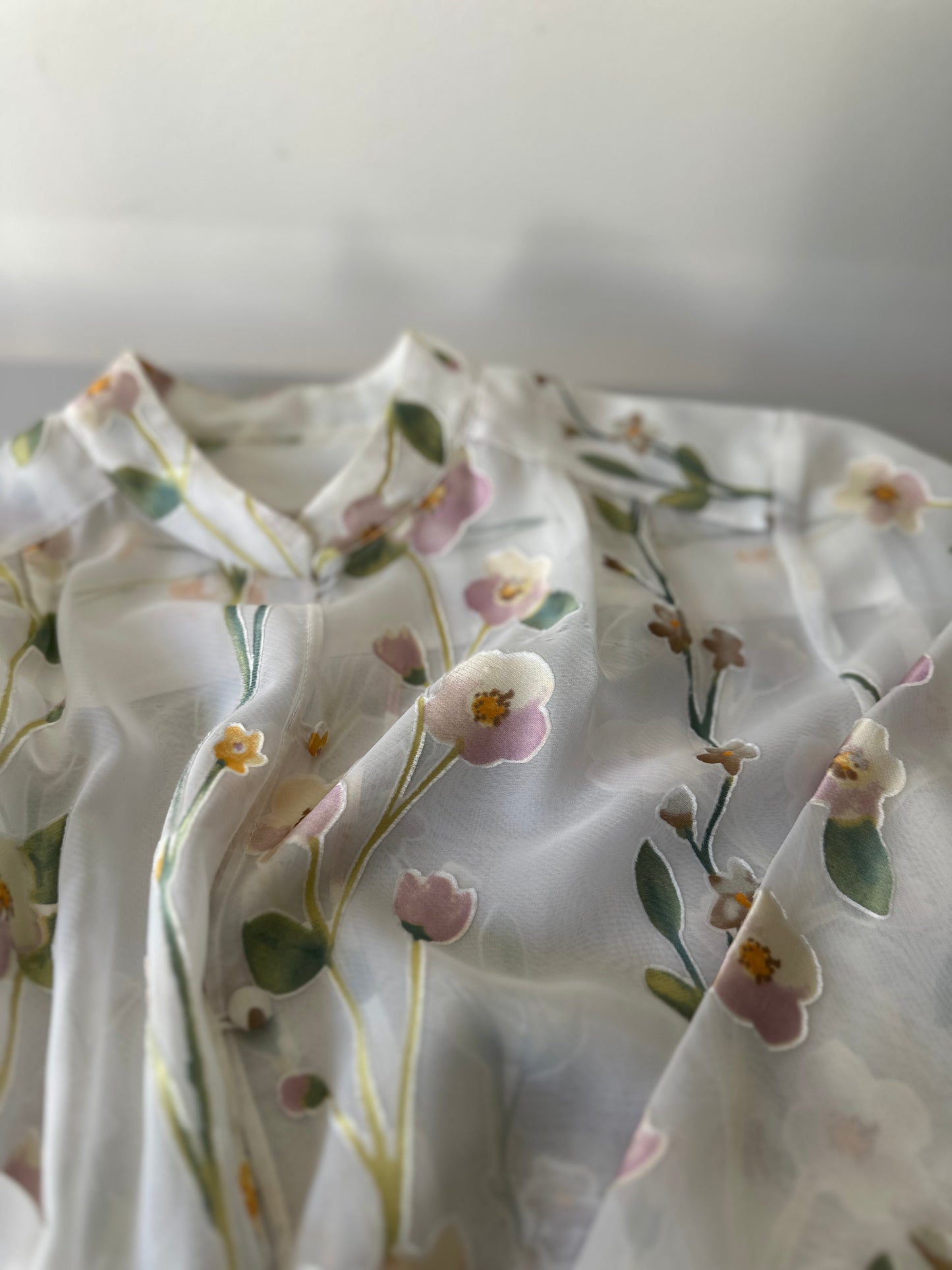 sheer long floral silk blouse