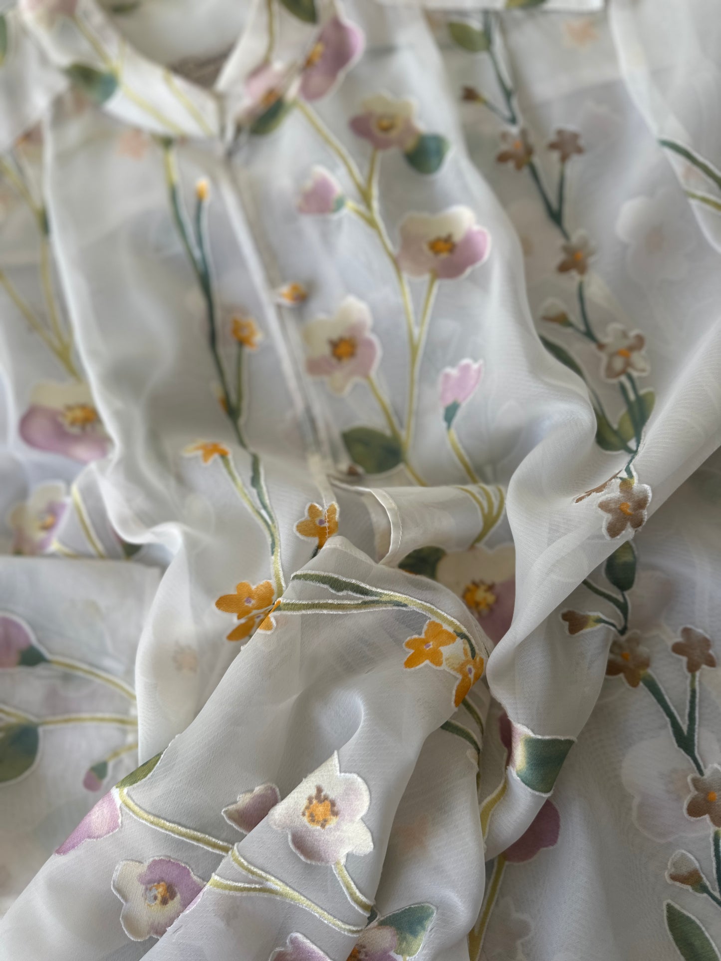 sheer long floral silk blouse