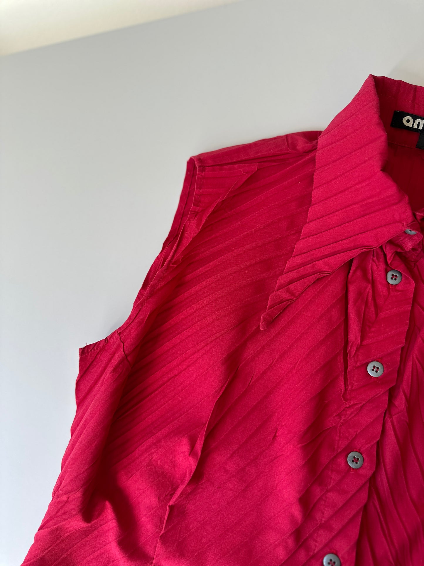 vibrant red pleated short sleeve button up