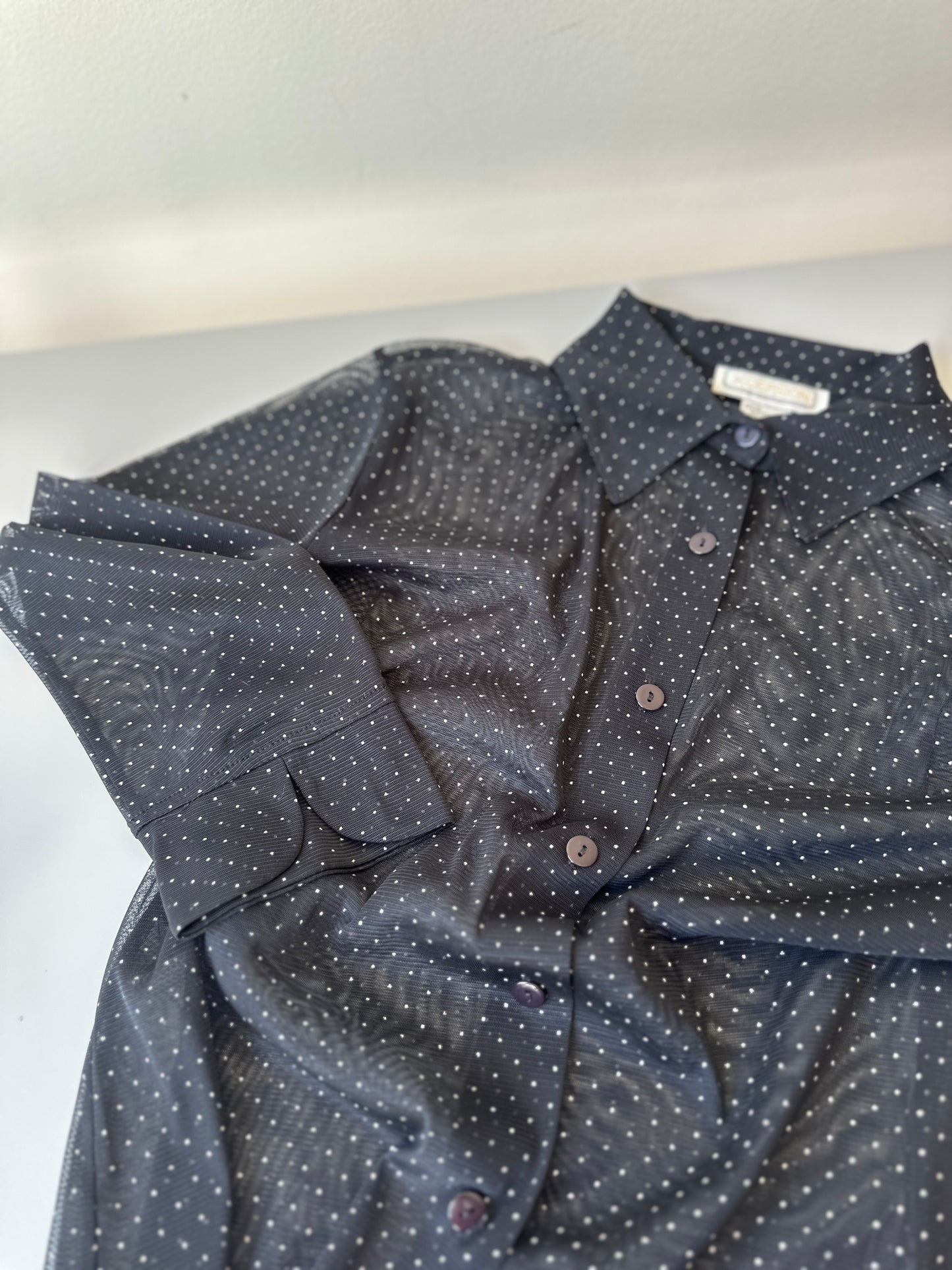 sheer stretchy polka-dot button up blouse