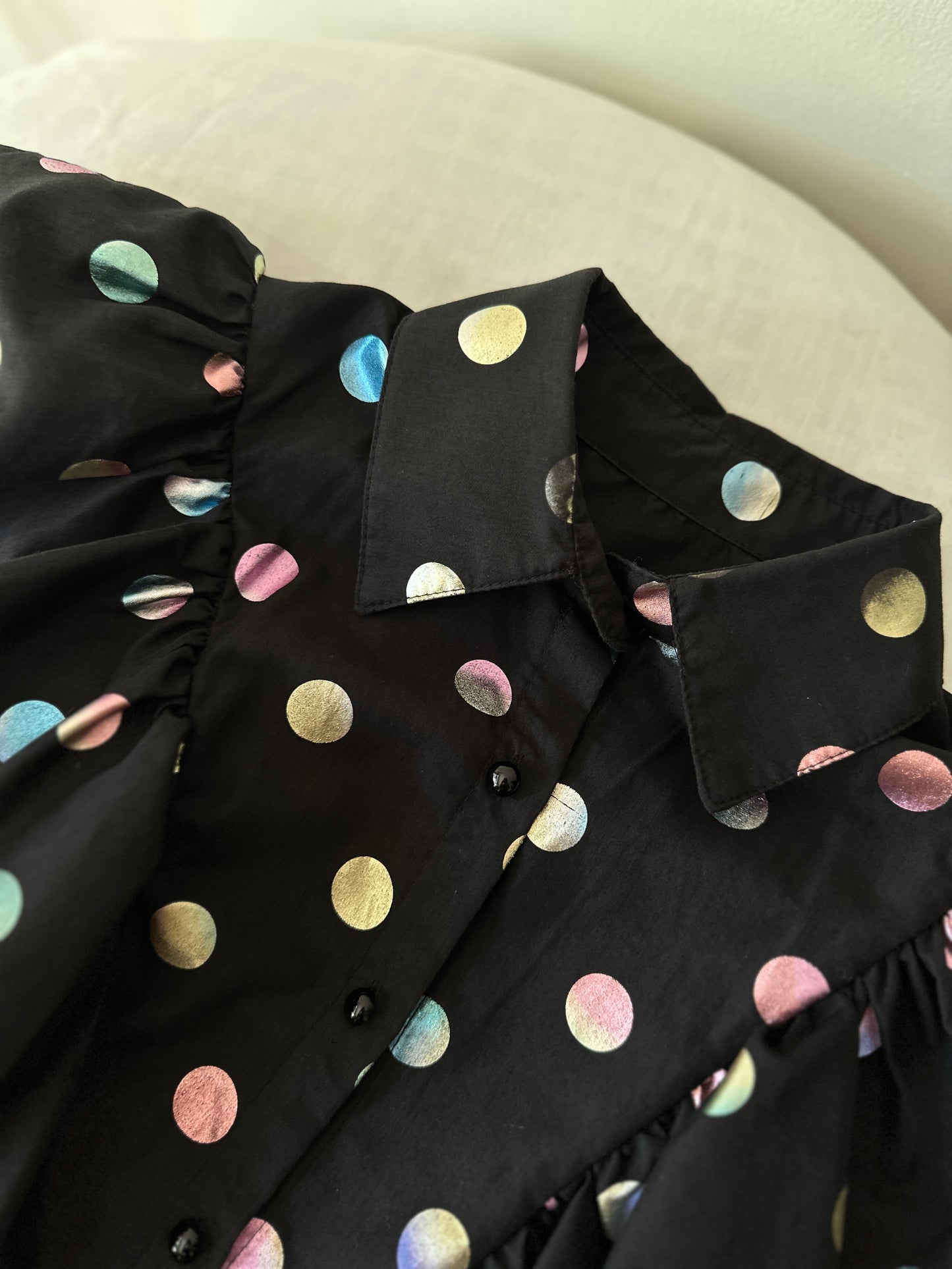 polka dot ruffled button up