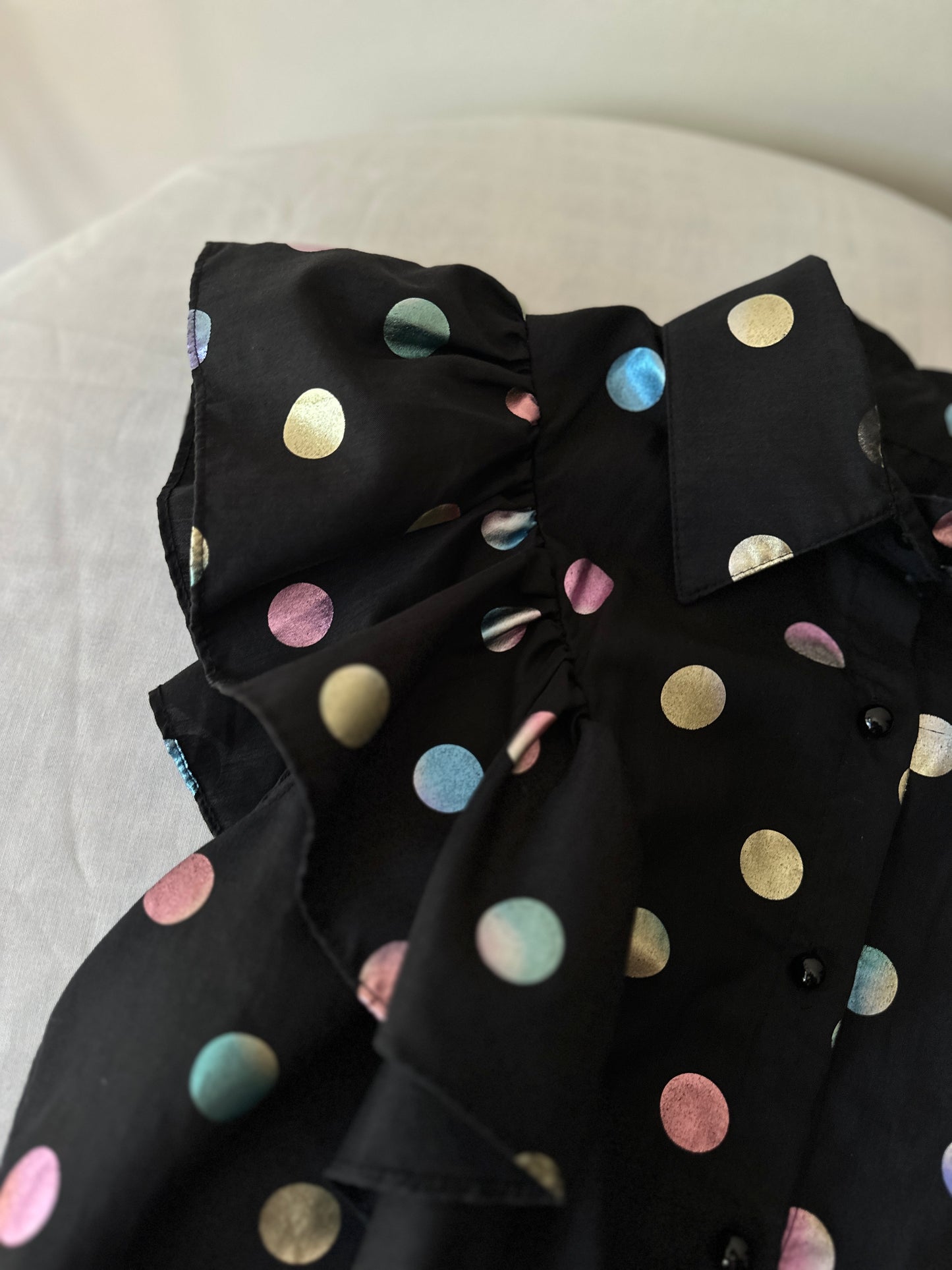 polka dot ruffled button up
