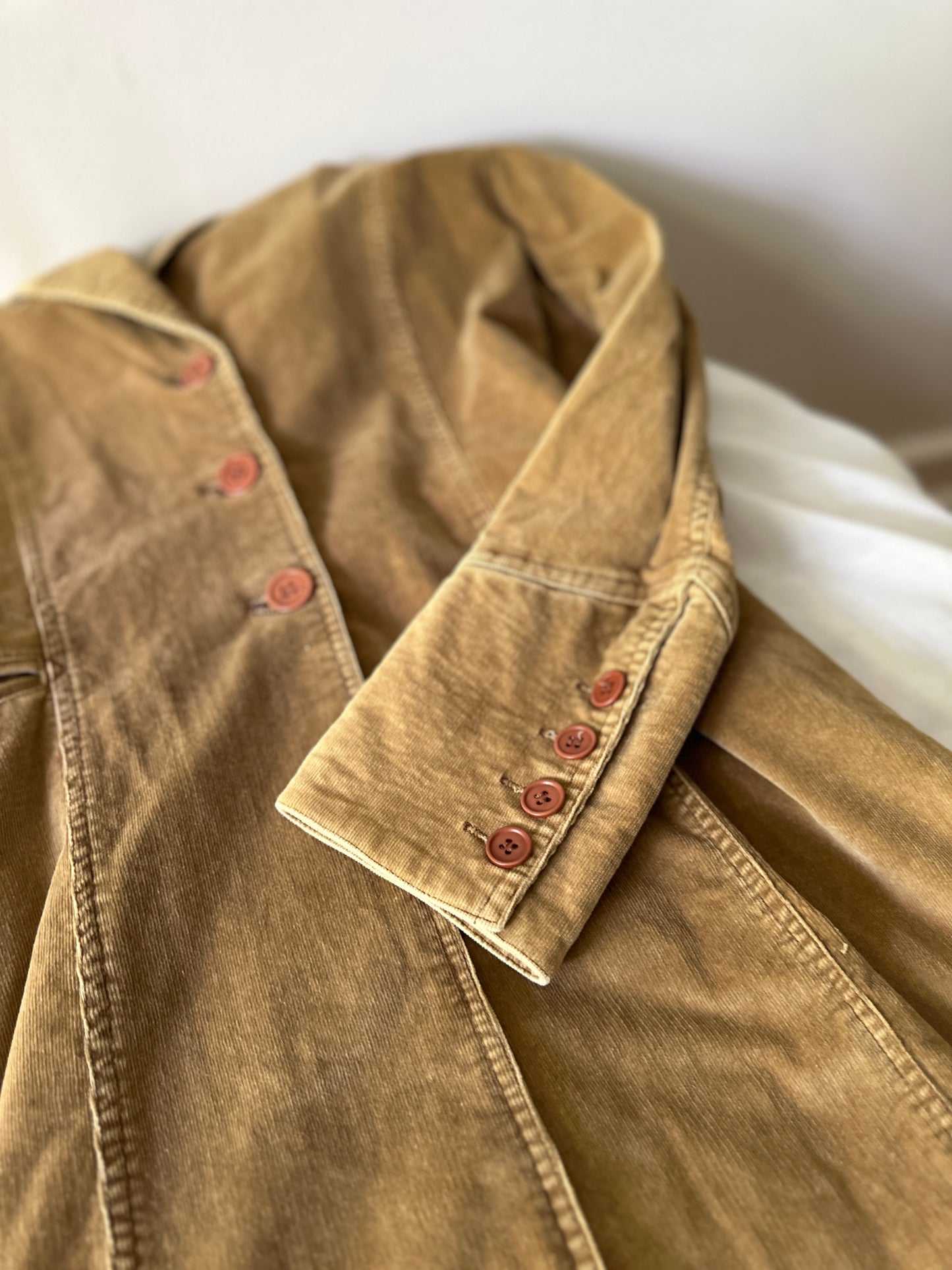 camel coloured corduroy mid trench coat