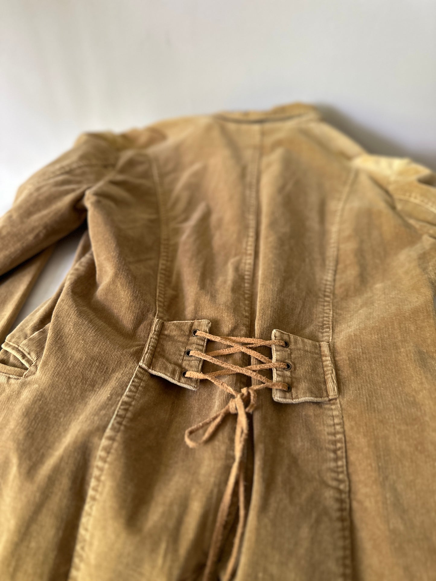 camel coloured corduroy mid trench coat