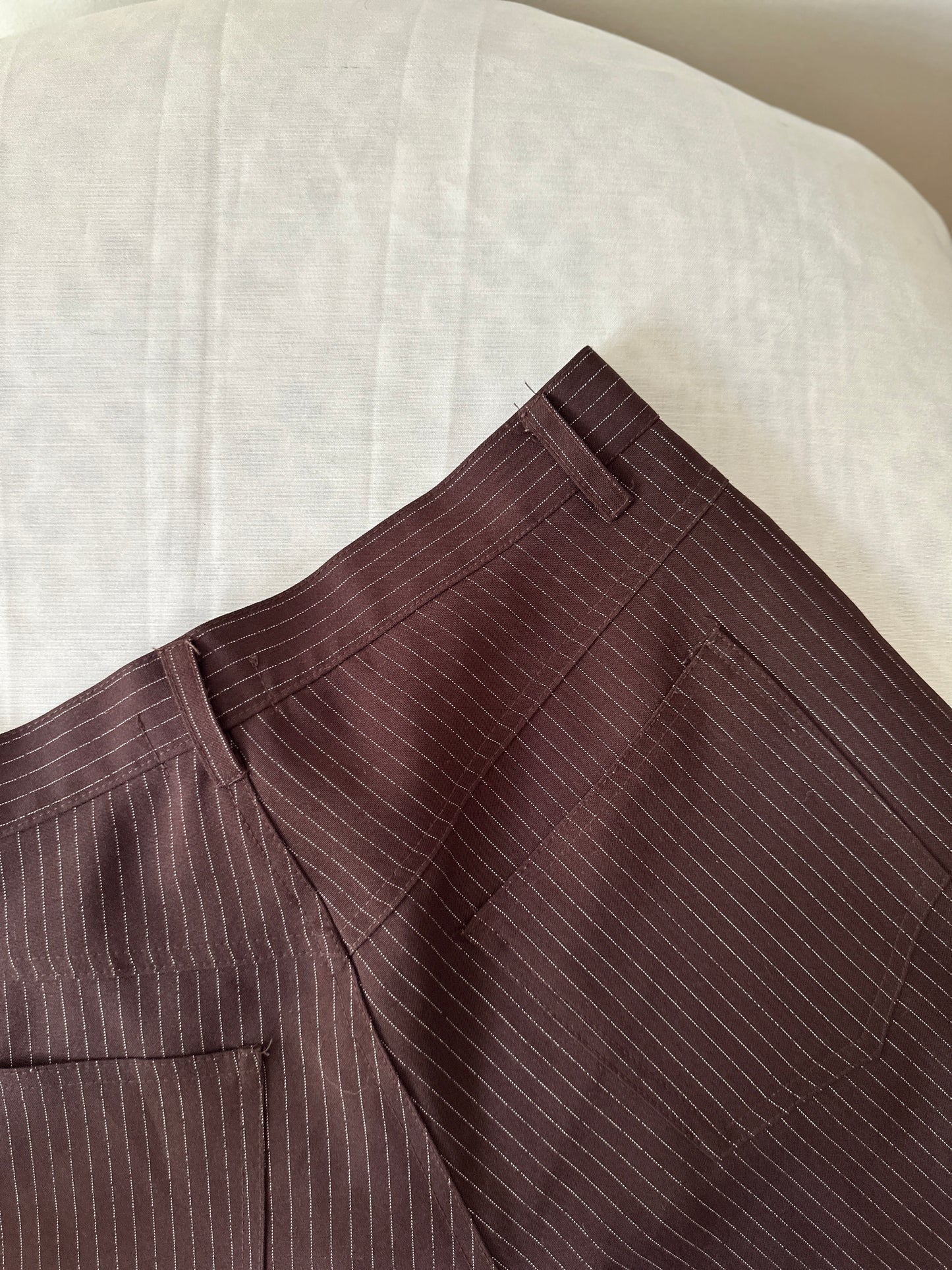 brown pinstripe straight leg pants