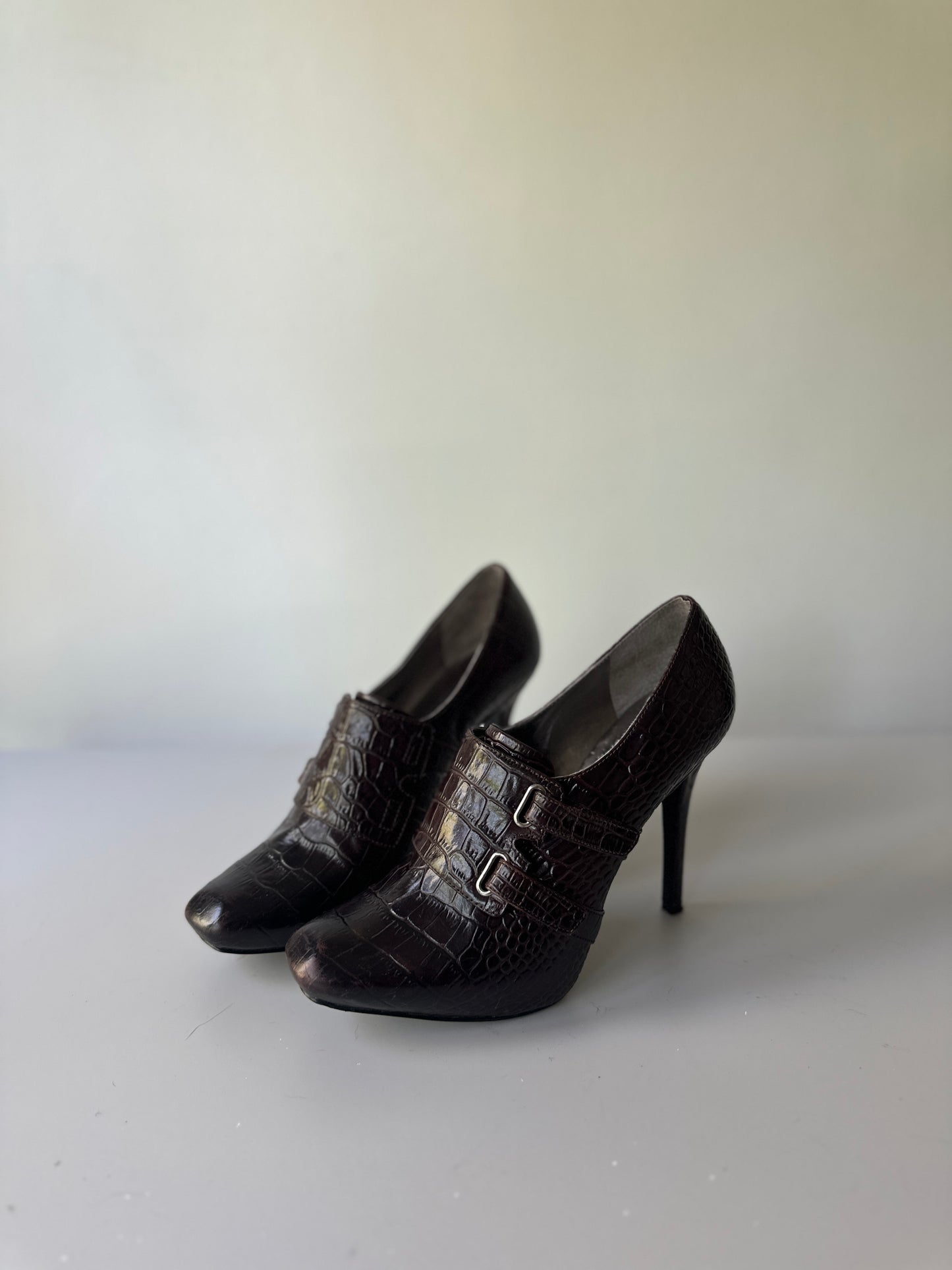 GUESS brown faux crocodile high heels