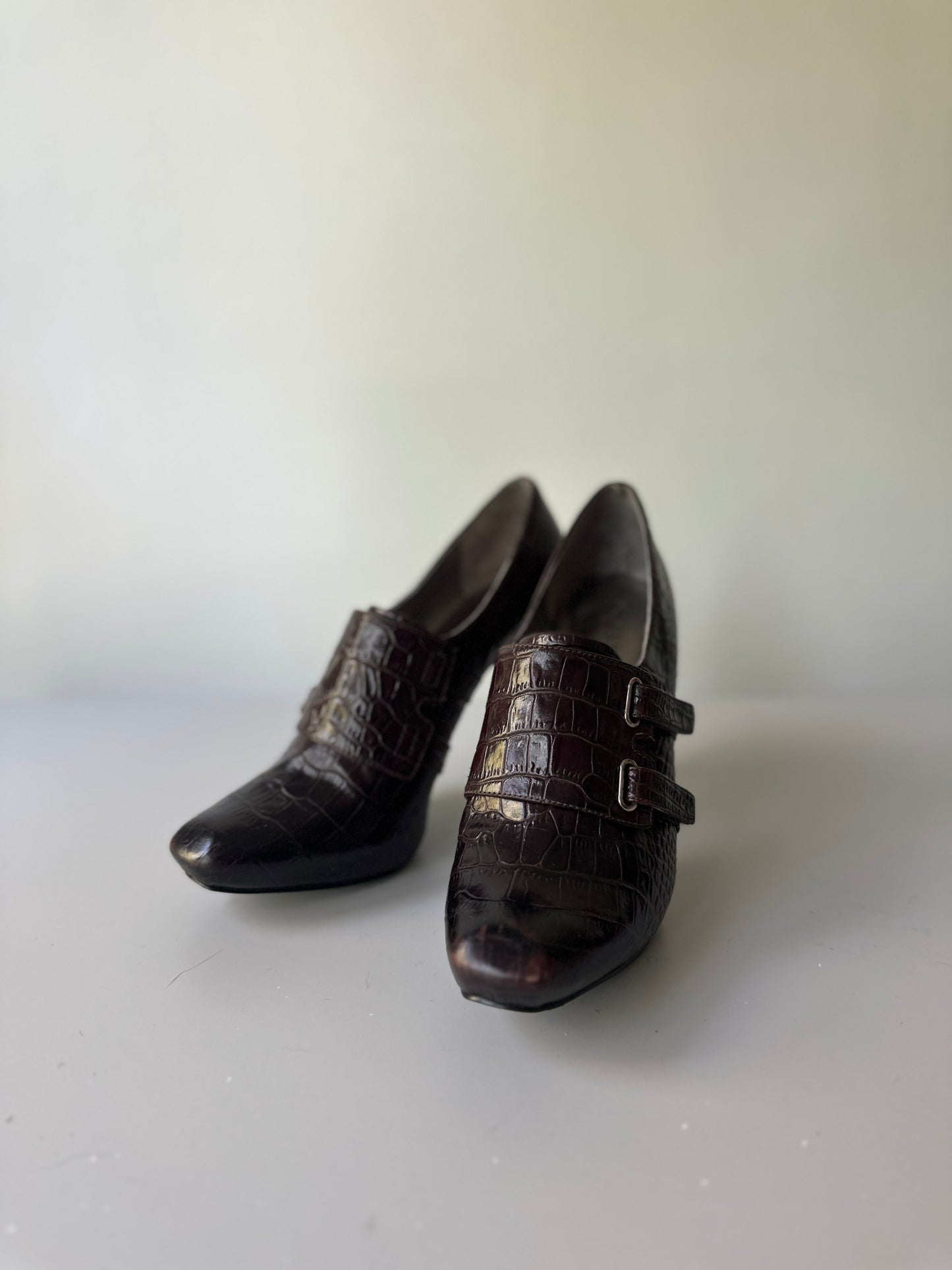 GUESS brown faux crocodile high heels