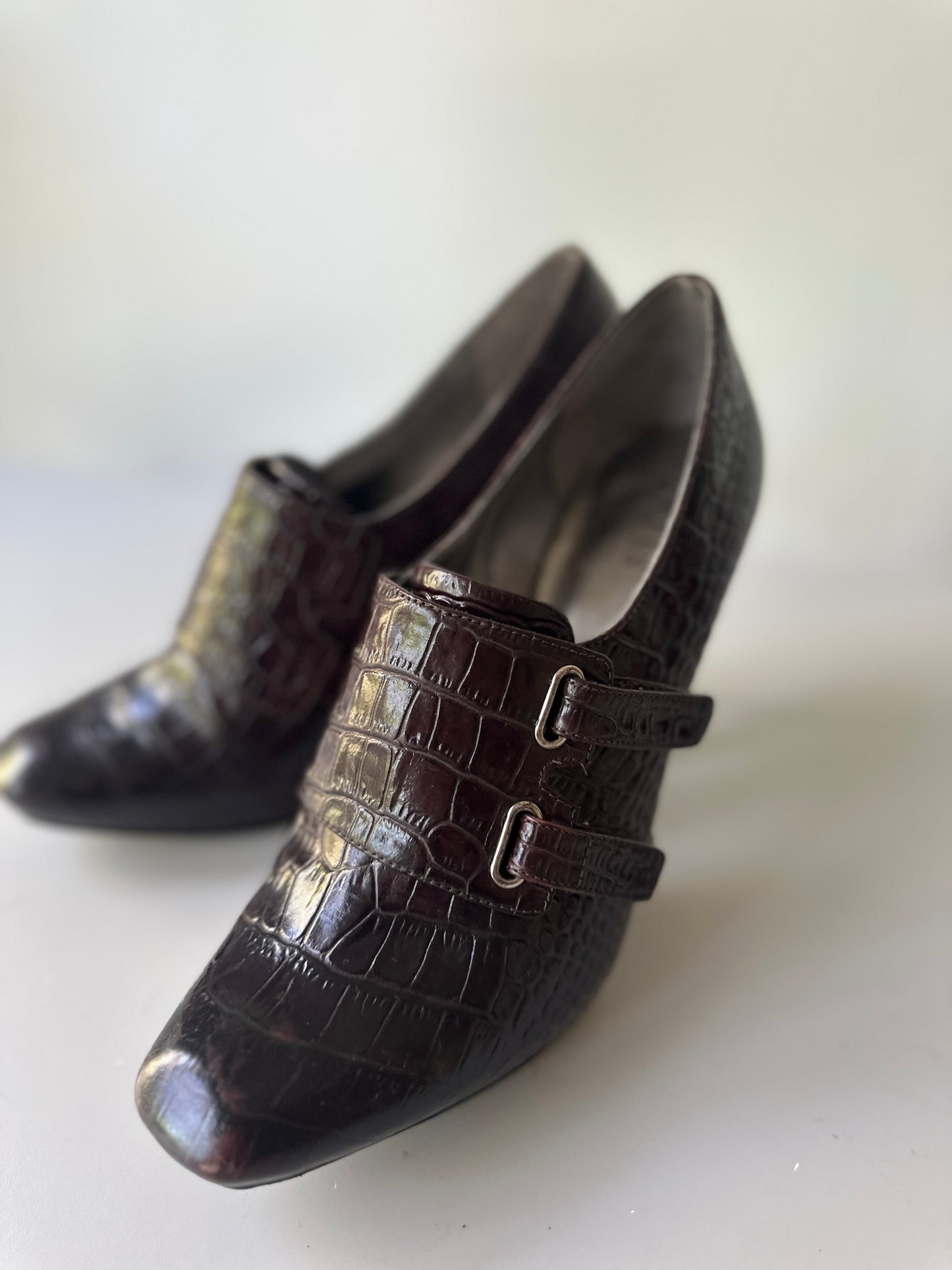 GUESS brown faux crocodile high heels