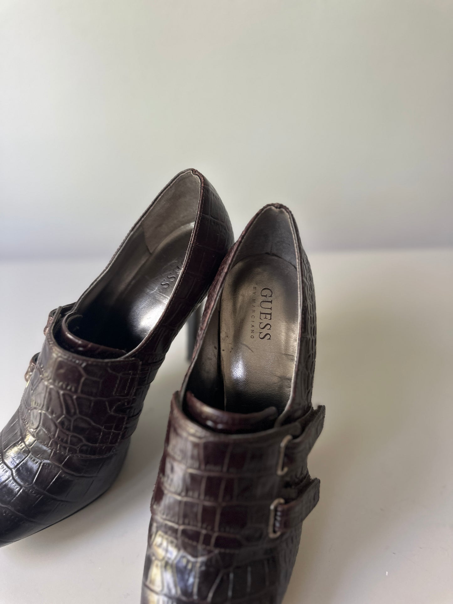 GUESS brown faux crocodile high heels