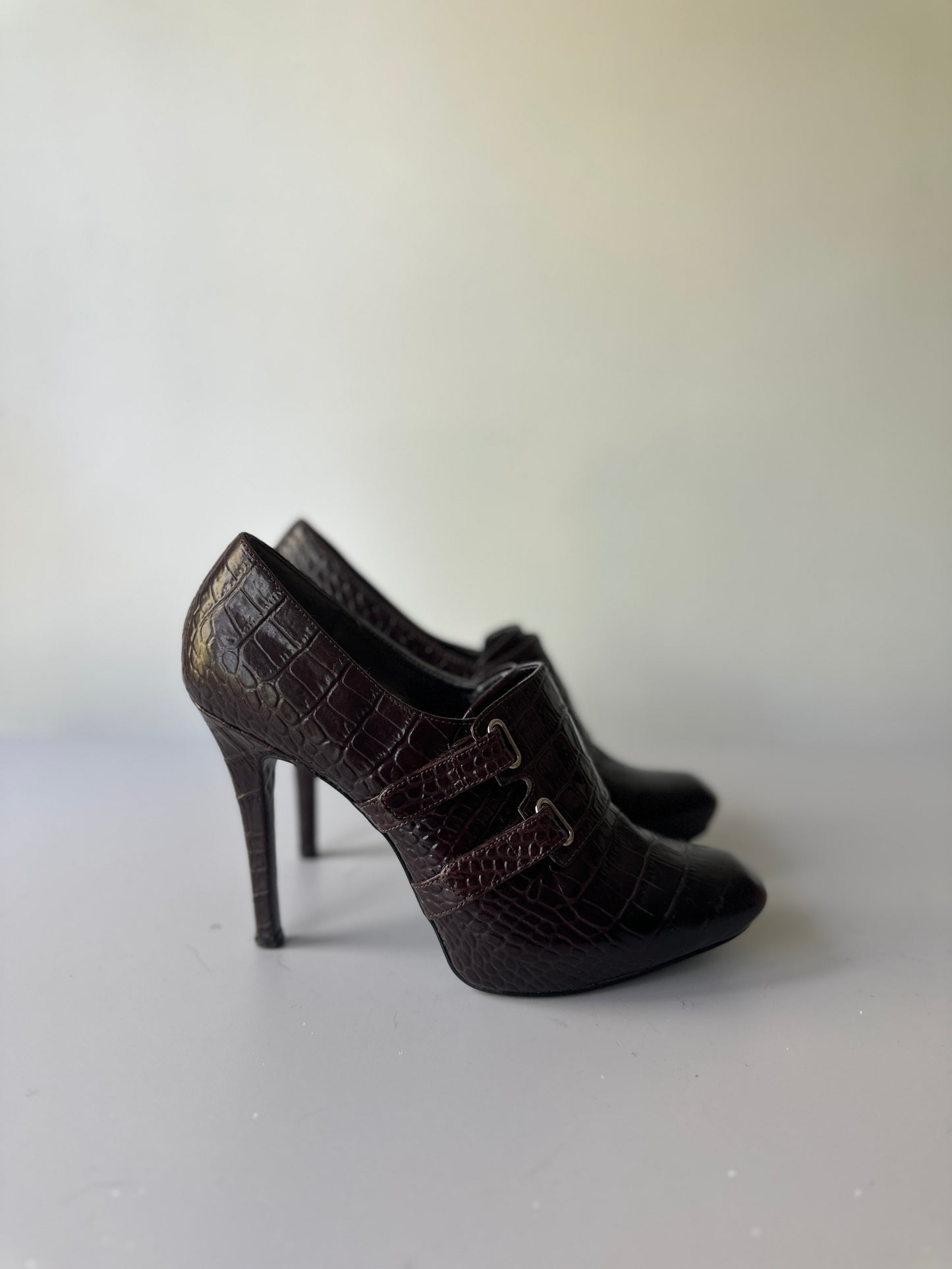 GUESS brown faux crocodile high heels