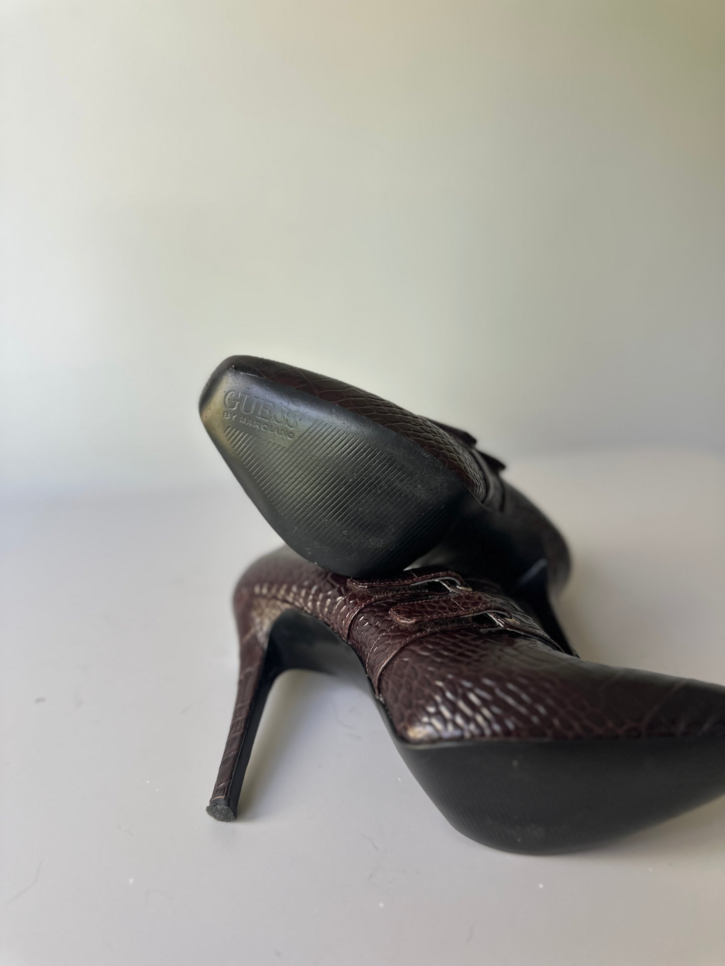 GUESS brown faux crocodile high heels