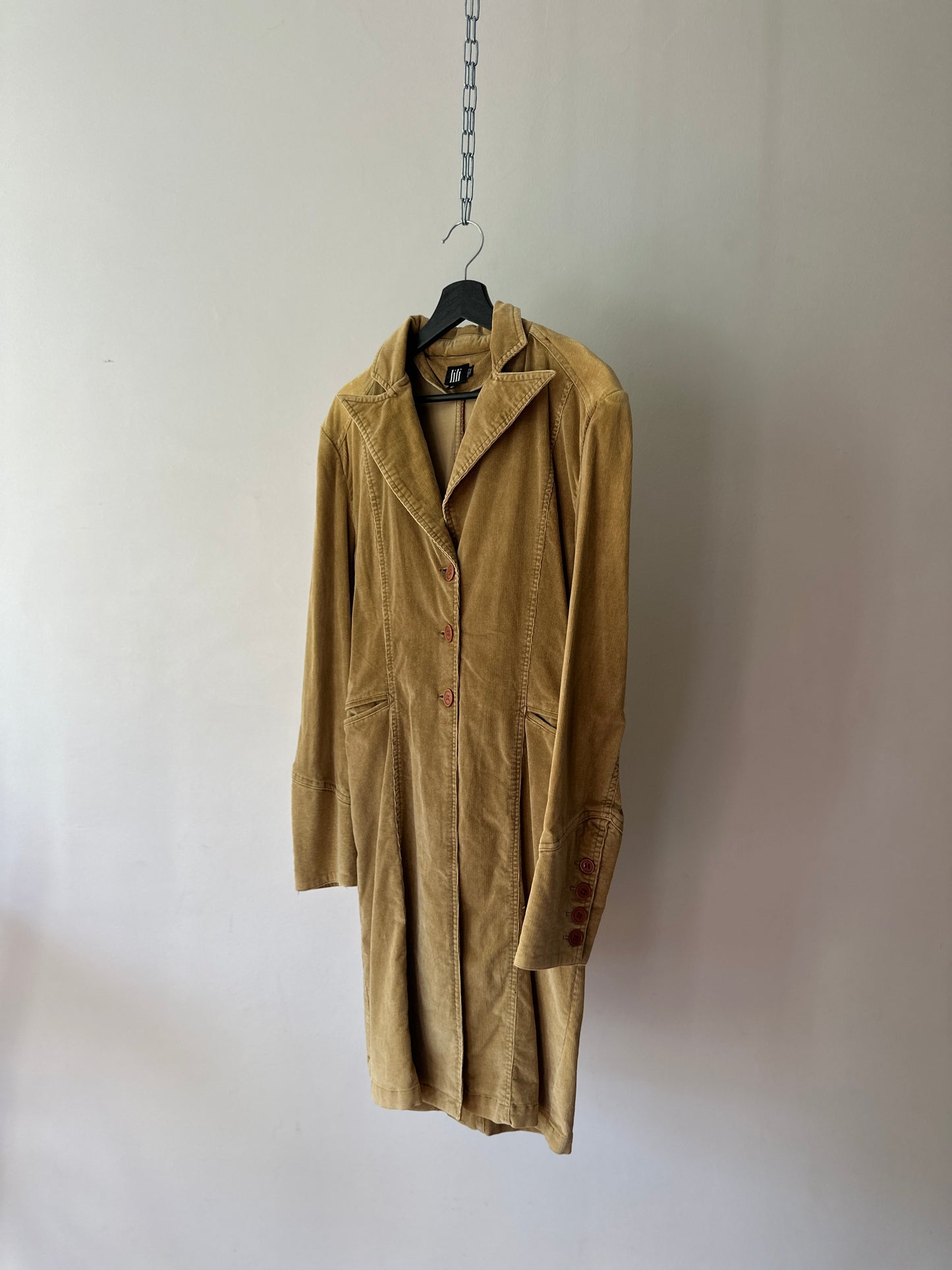 camel coloured corduroy mid trench coat