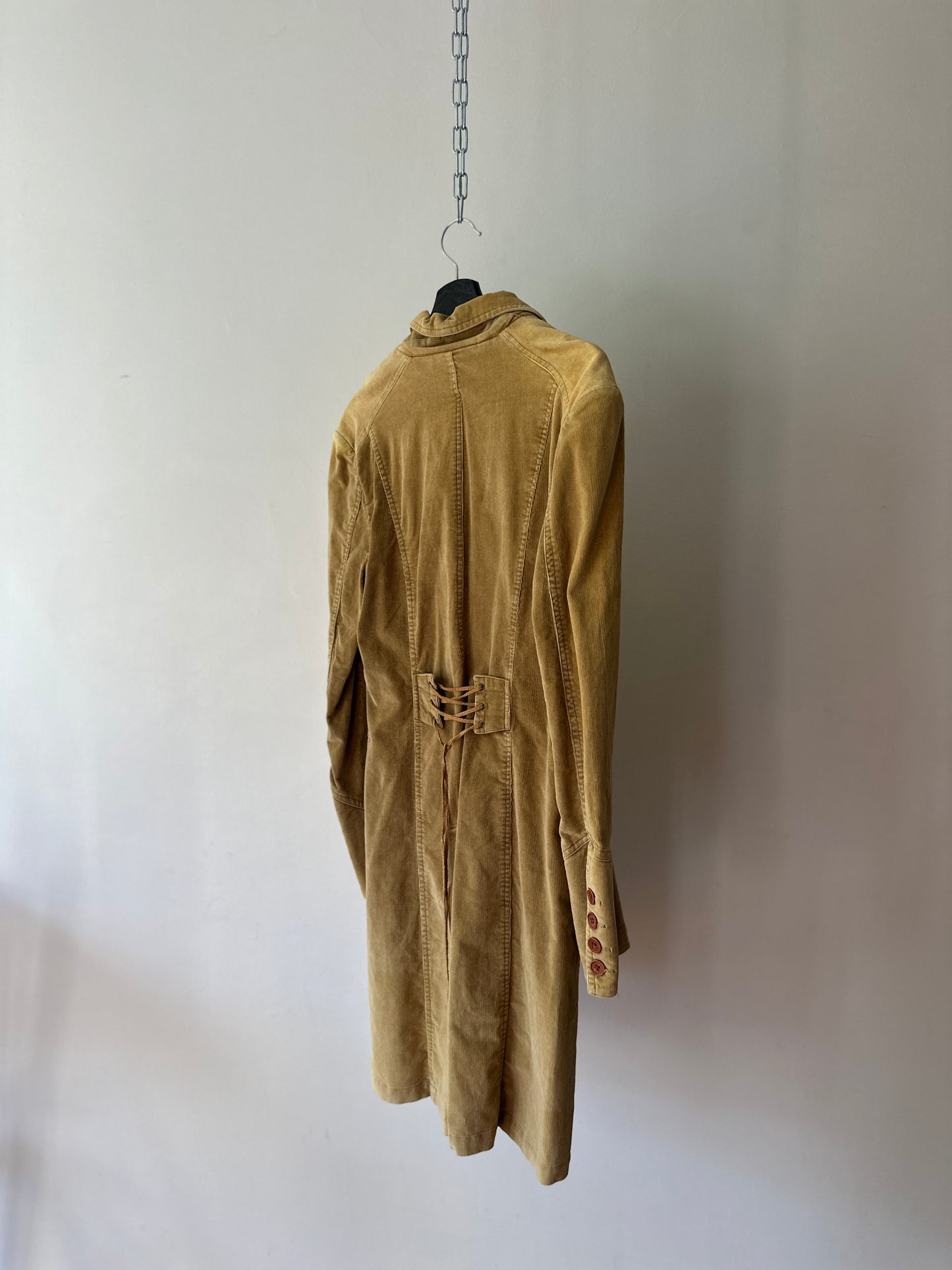 camel coloured corduroy mid trench coat