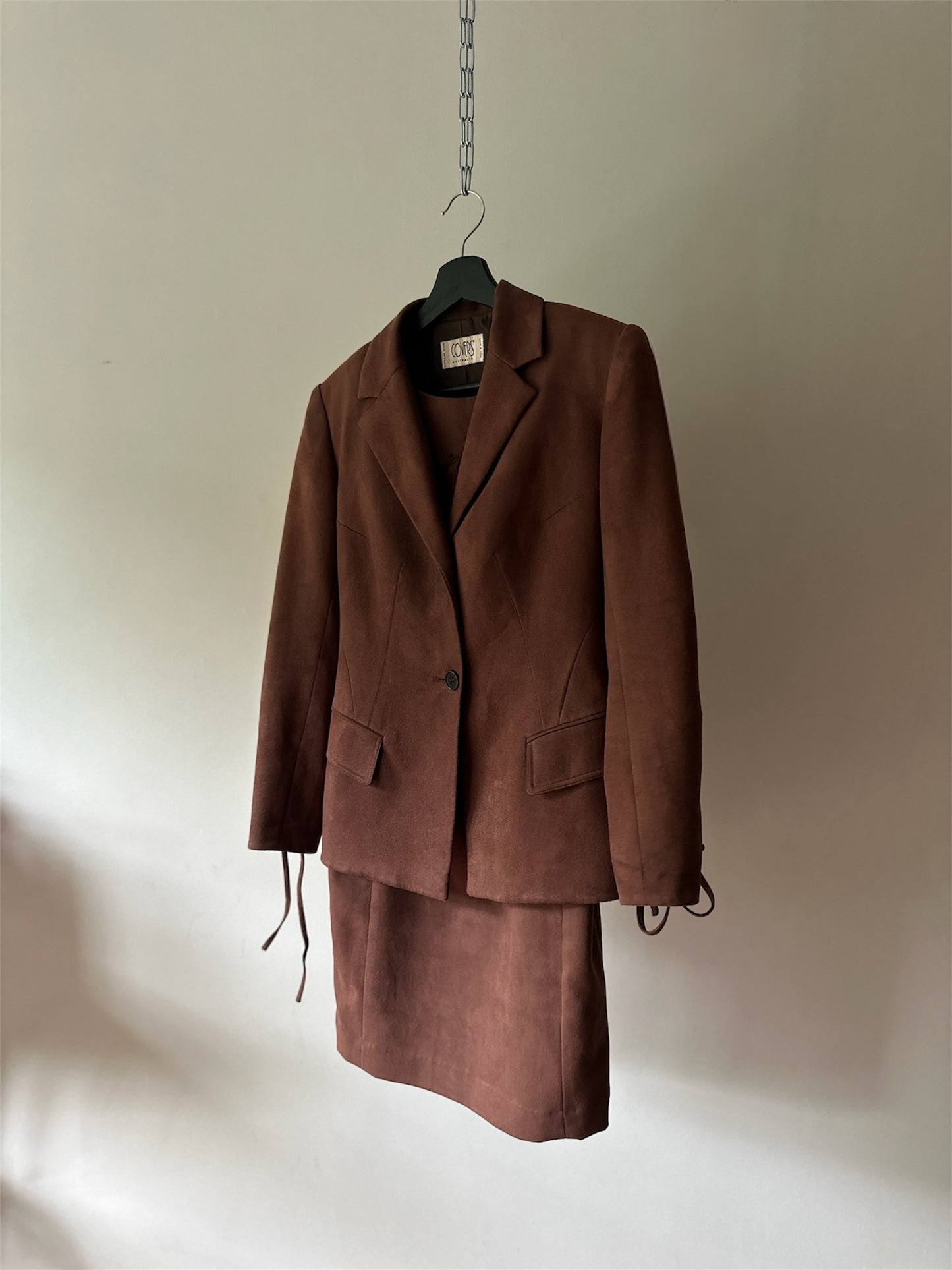 brown suede dress and suit jacket set