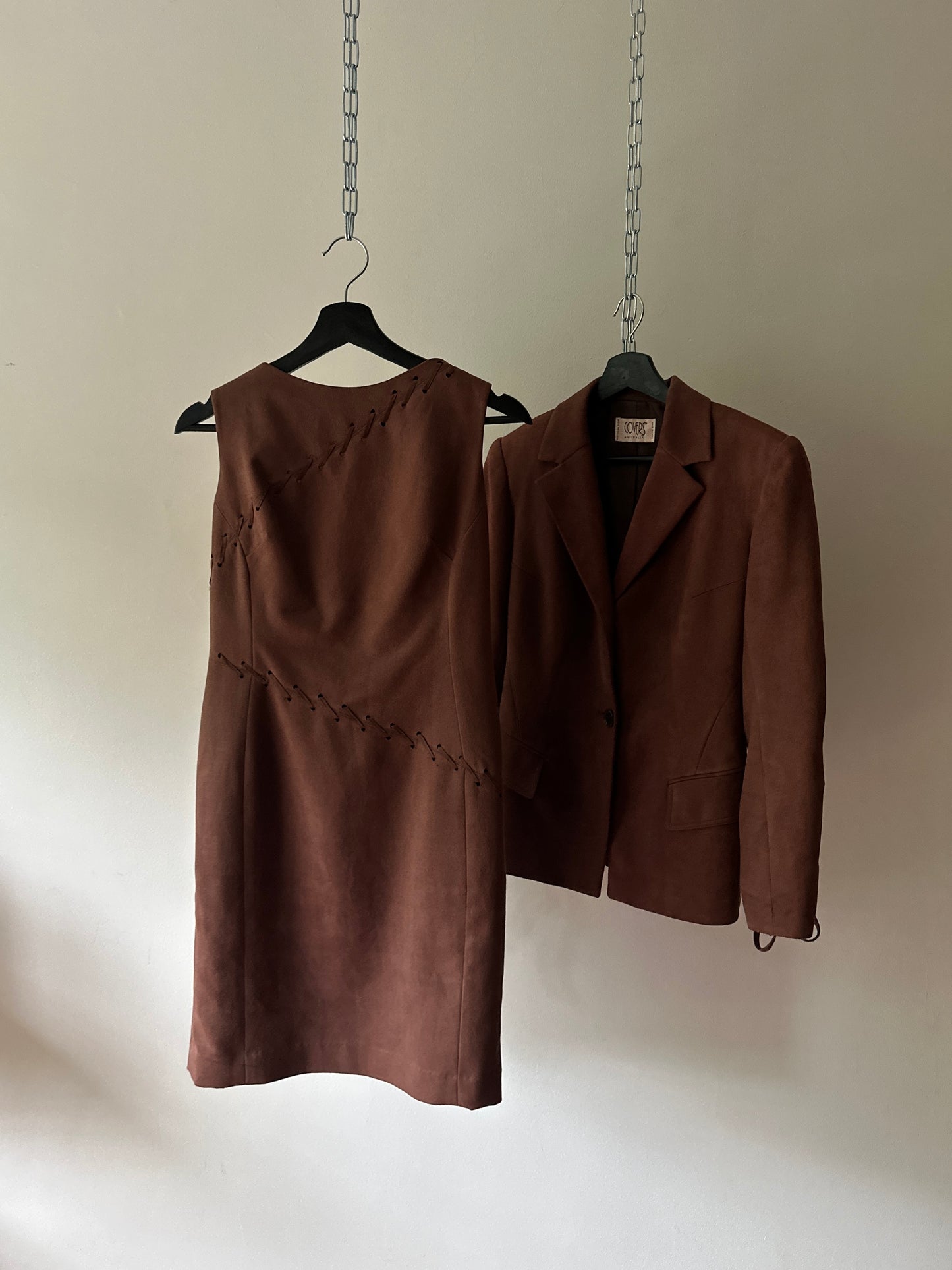 brown suede dress and suit jacket set