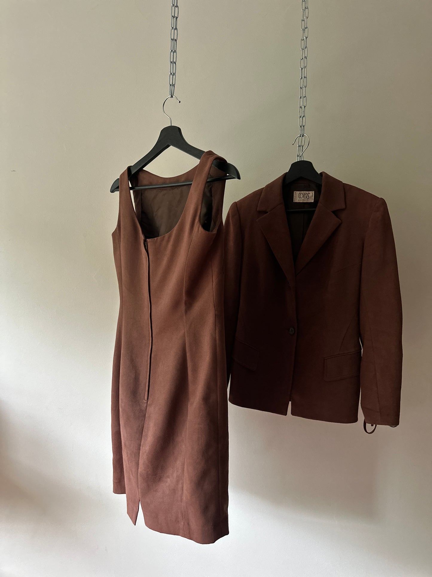 brown suede dress and suit jacket set