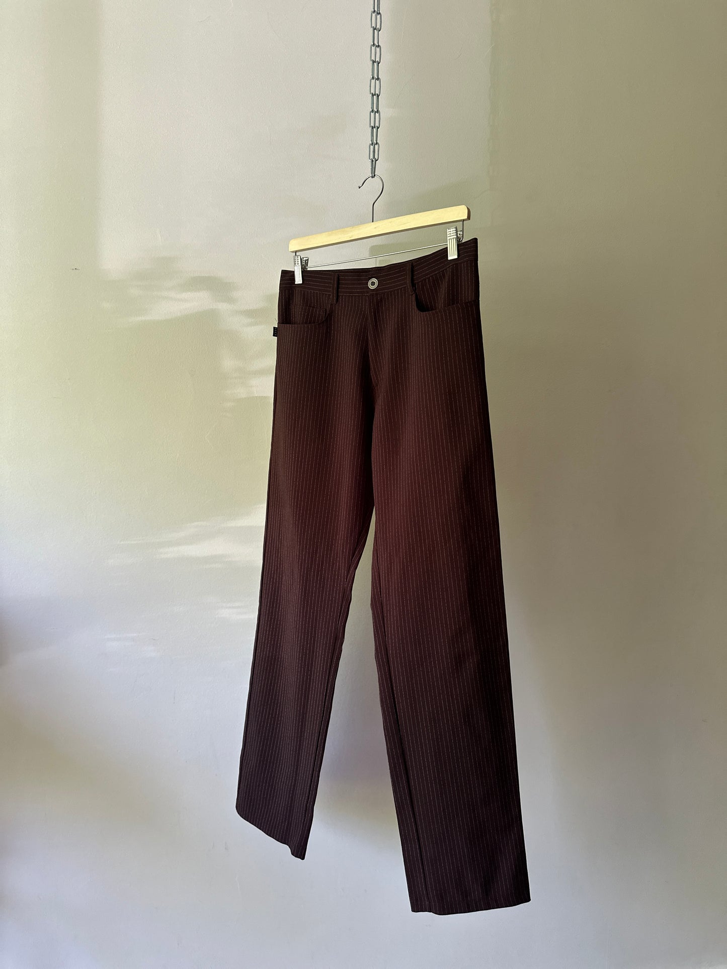 brown pinstripe straight leg pants