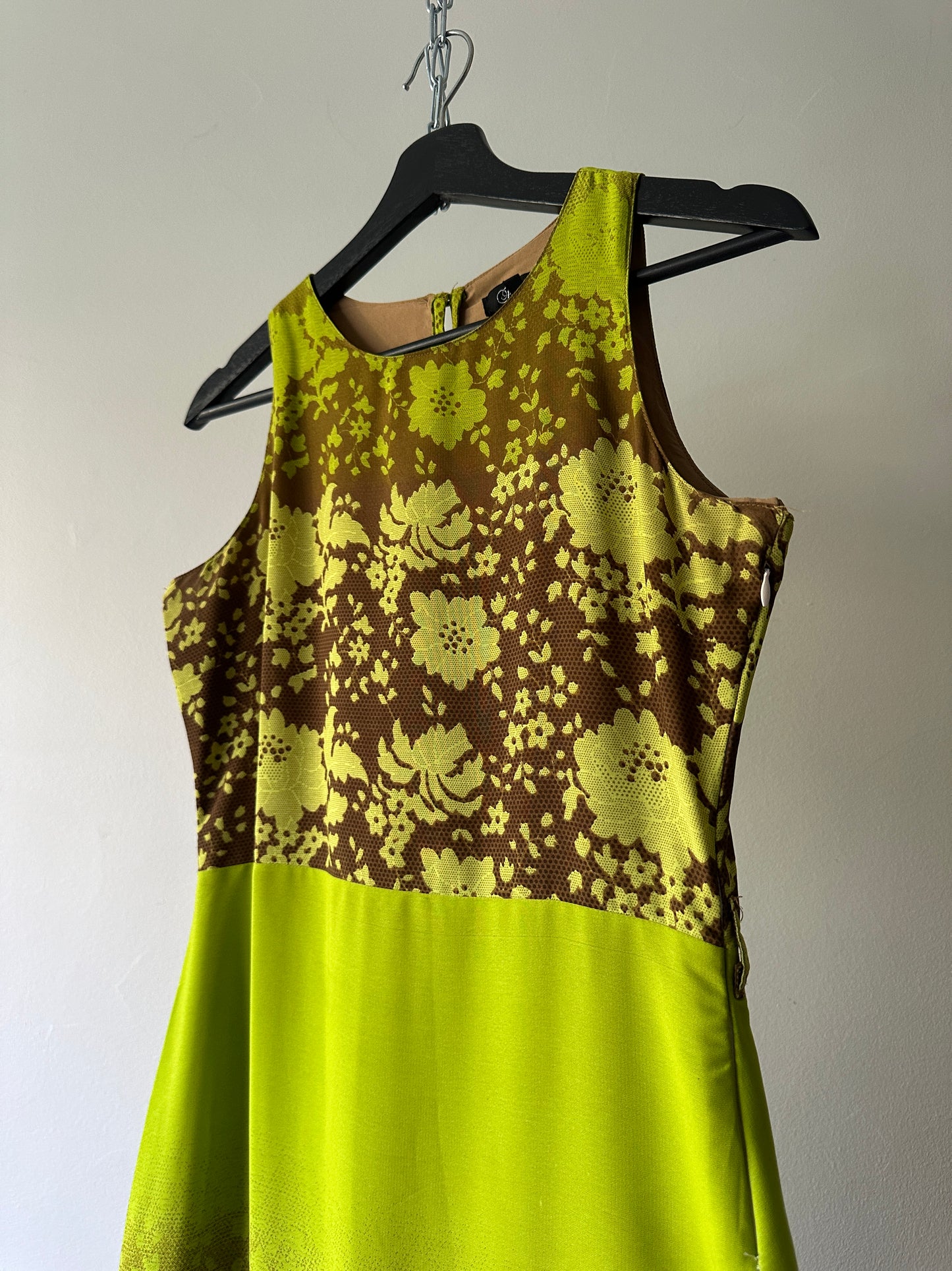 super bright green and brown floral dress
