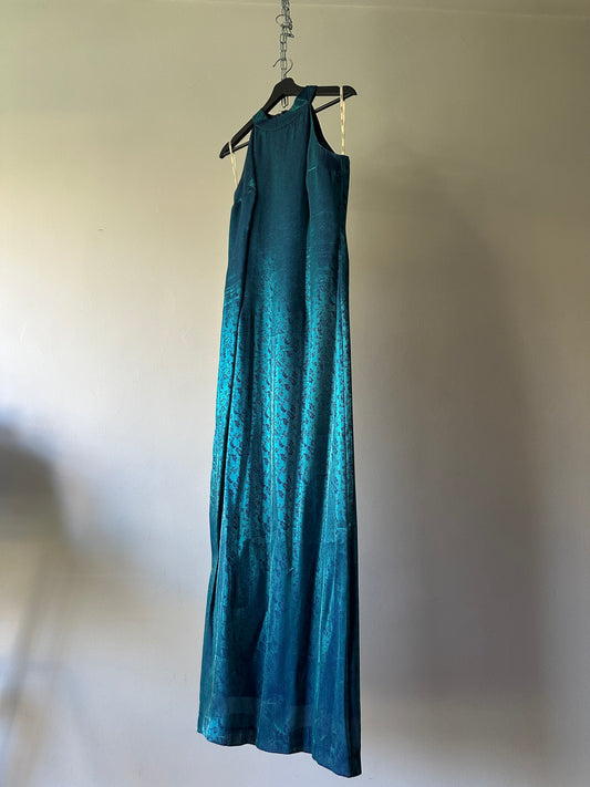 opaque green and blue halter formal dress