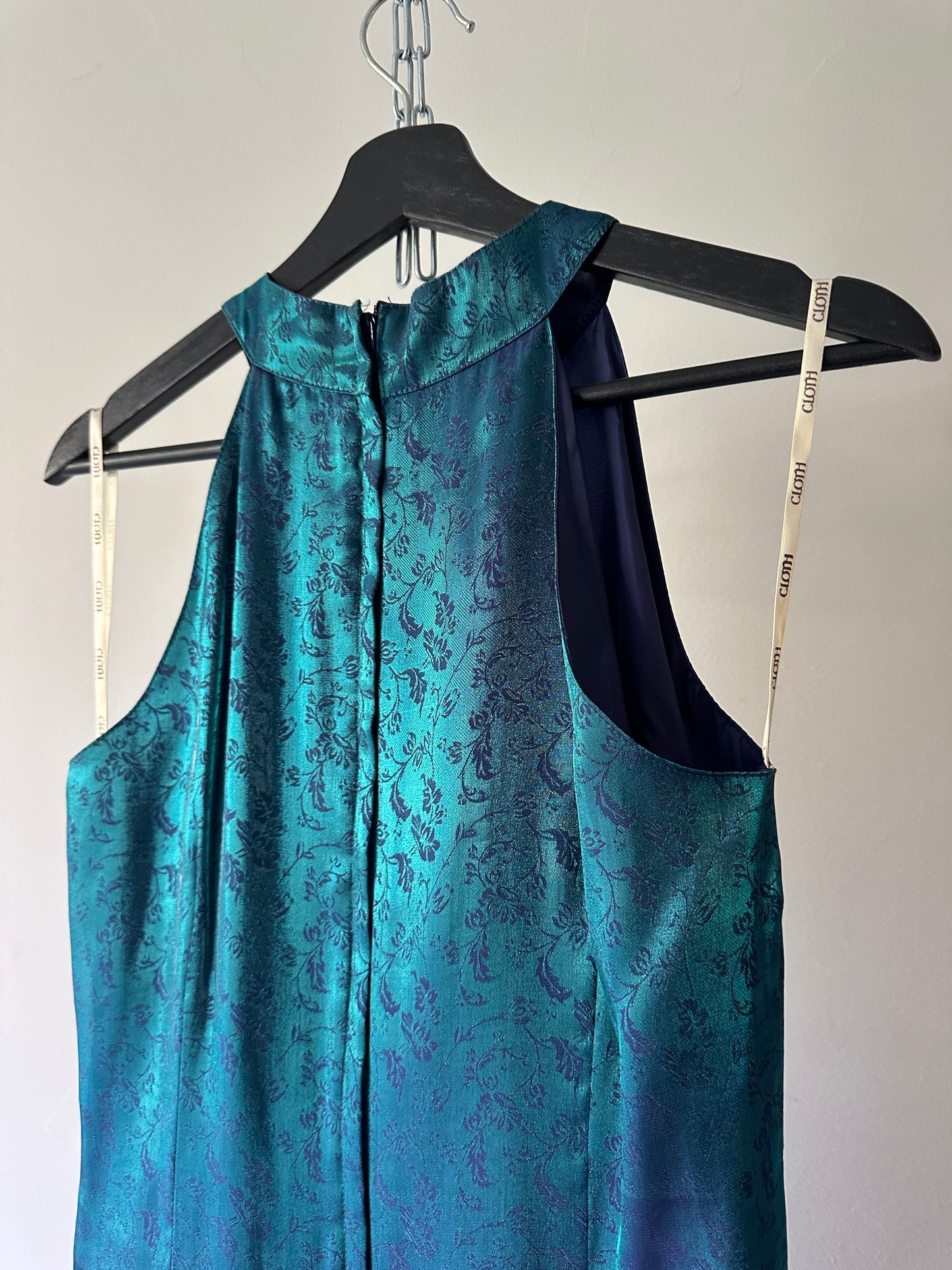 opaque green and blue halter formal dress