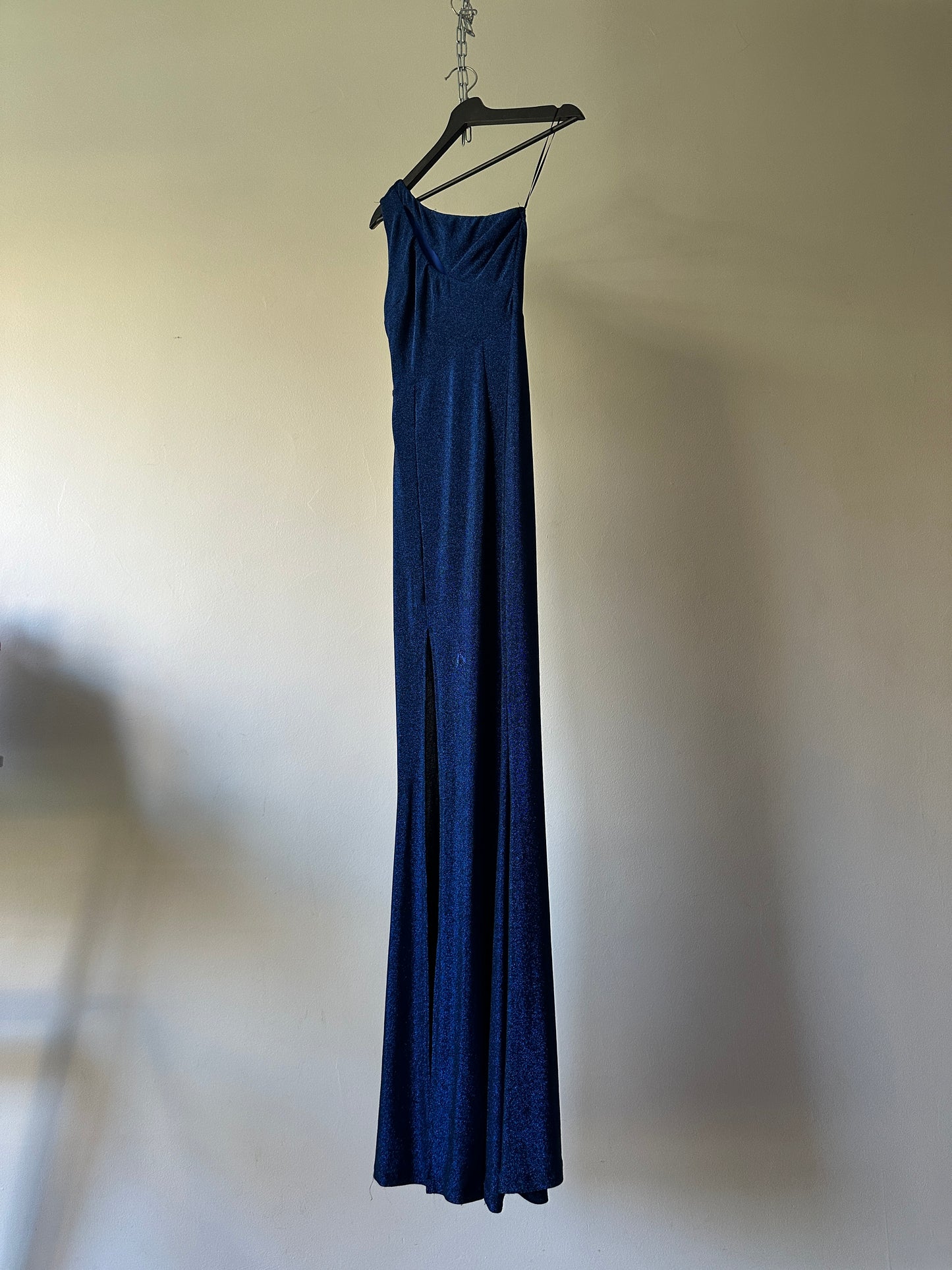 royal blue shimmer one shoulder formal dress