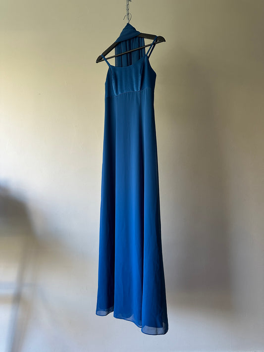 vibrant blue two toned formal dress with neck scarf
