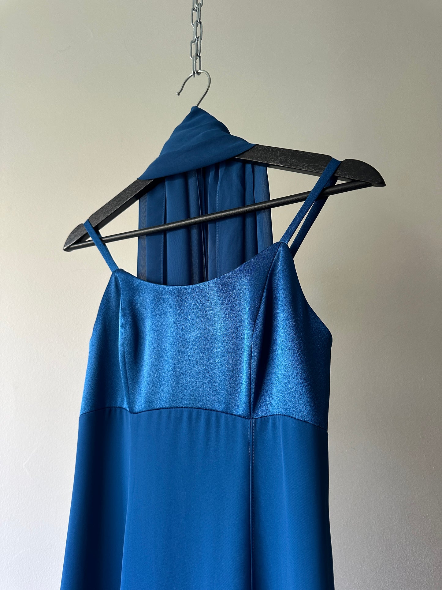 vibrant blue two toned formal dress with neck scarf