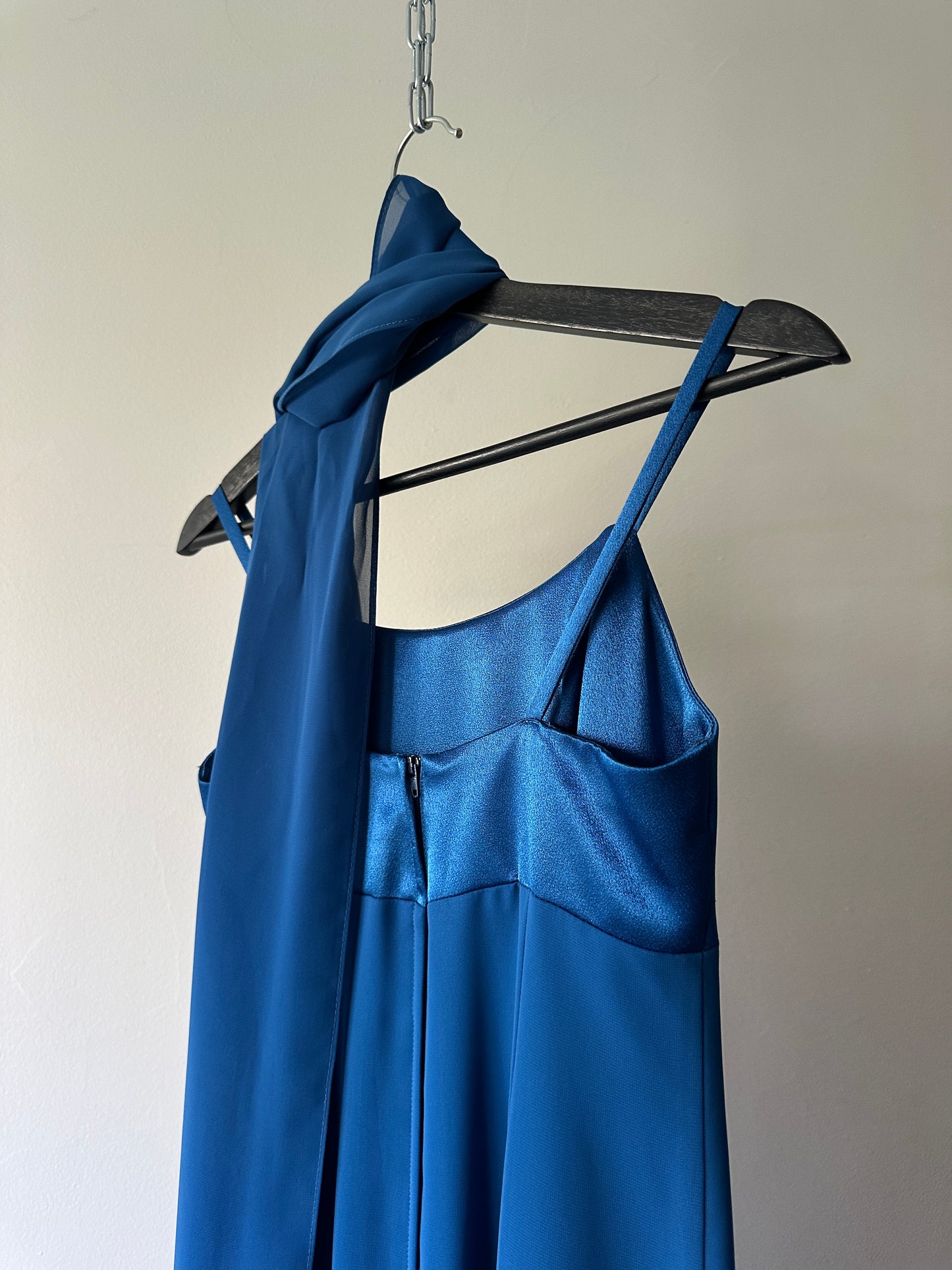vibrant blue two toned formal dress with neck scarf