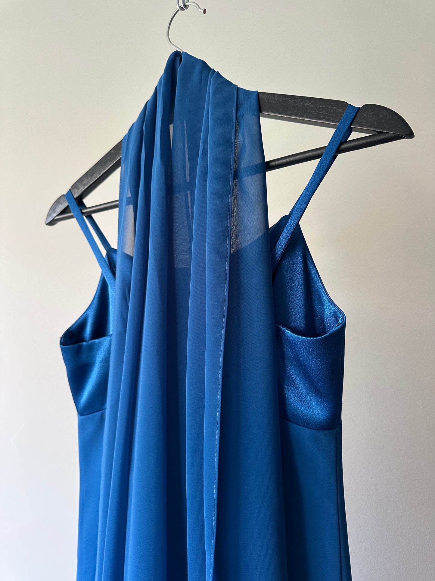 vibrant blue two toned formal dress with neck scarf