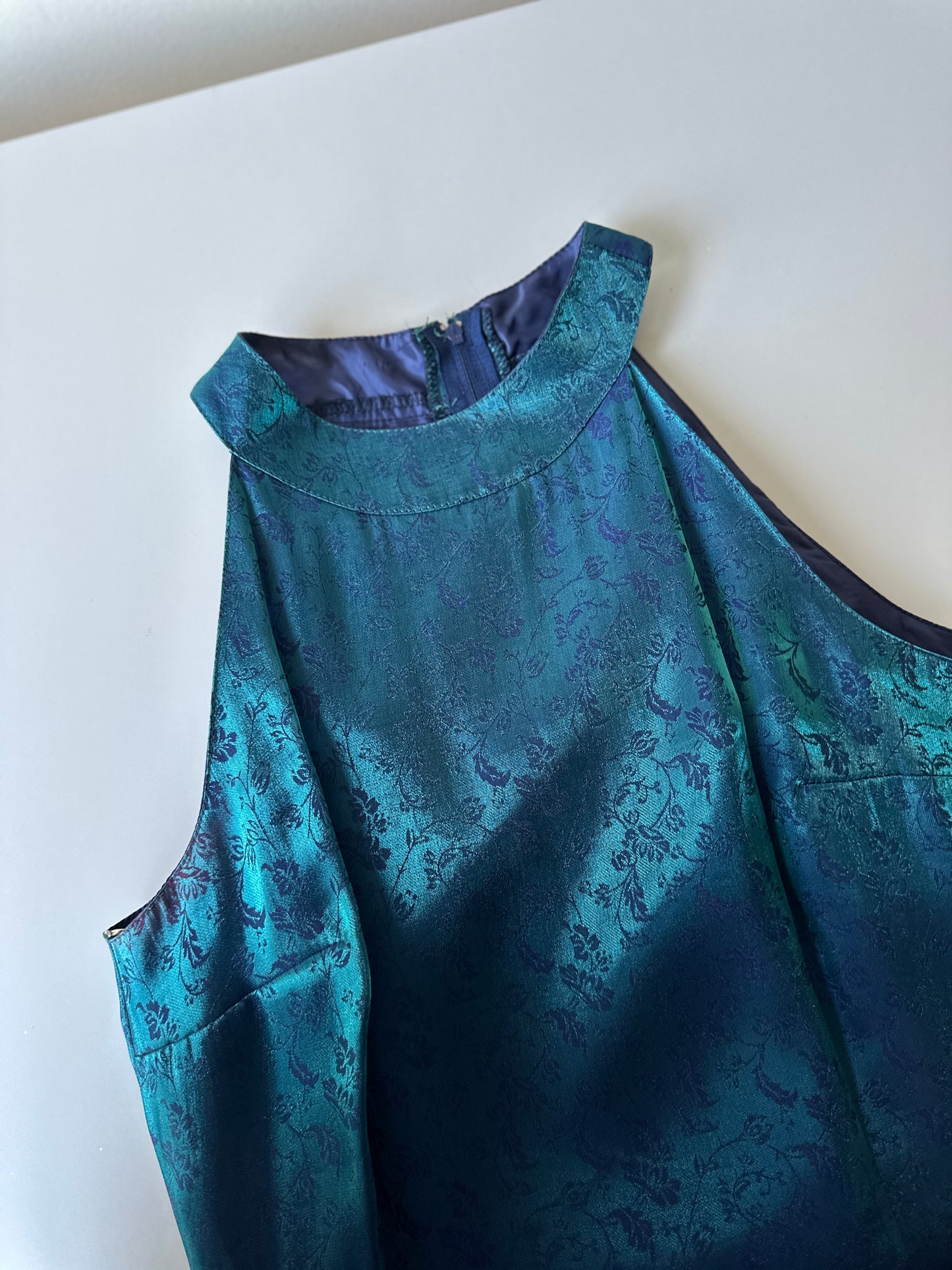 opaque green and blue halter formal dress