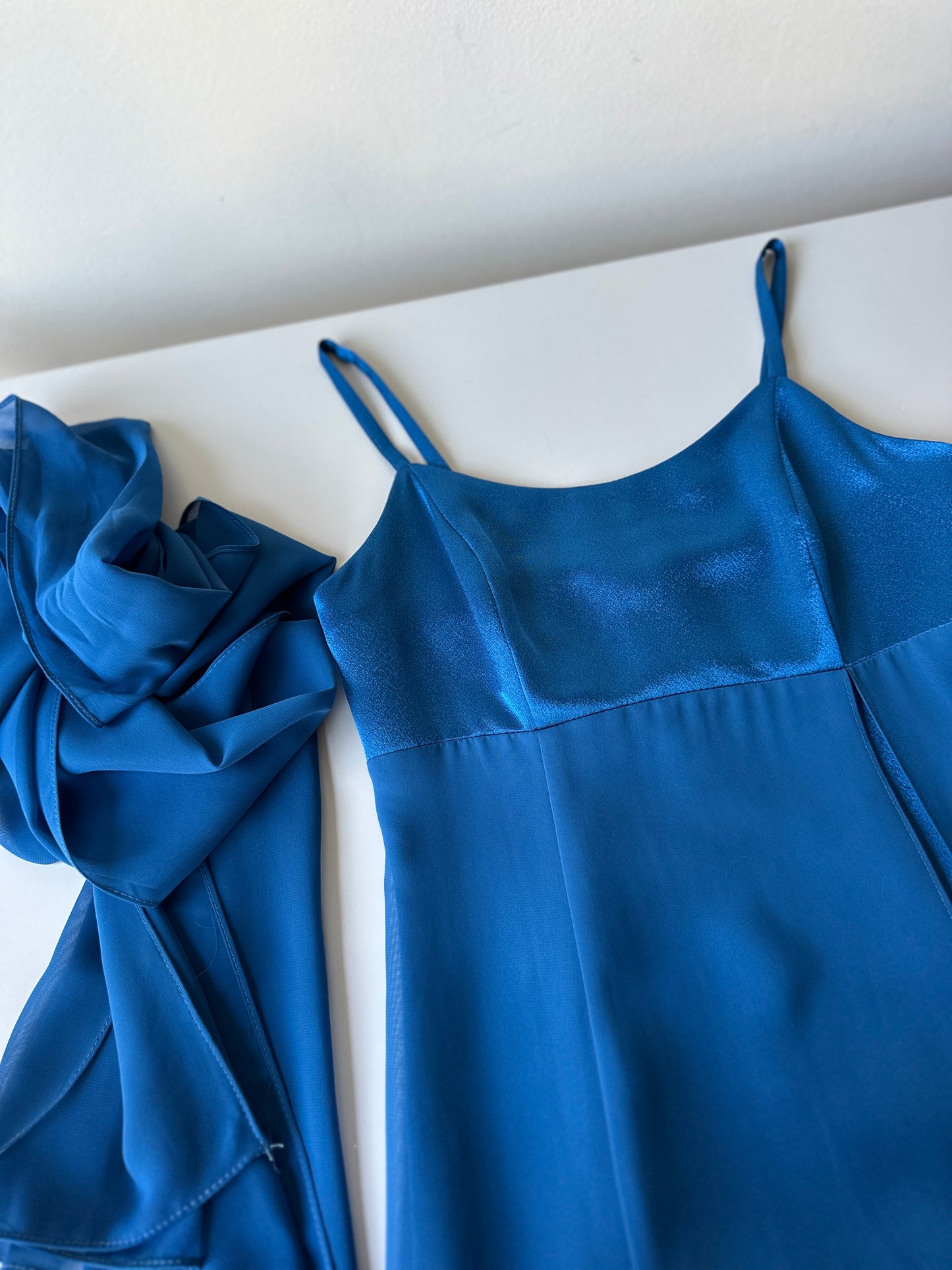 vibrant blue two toned formal dress with neck scarf