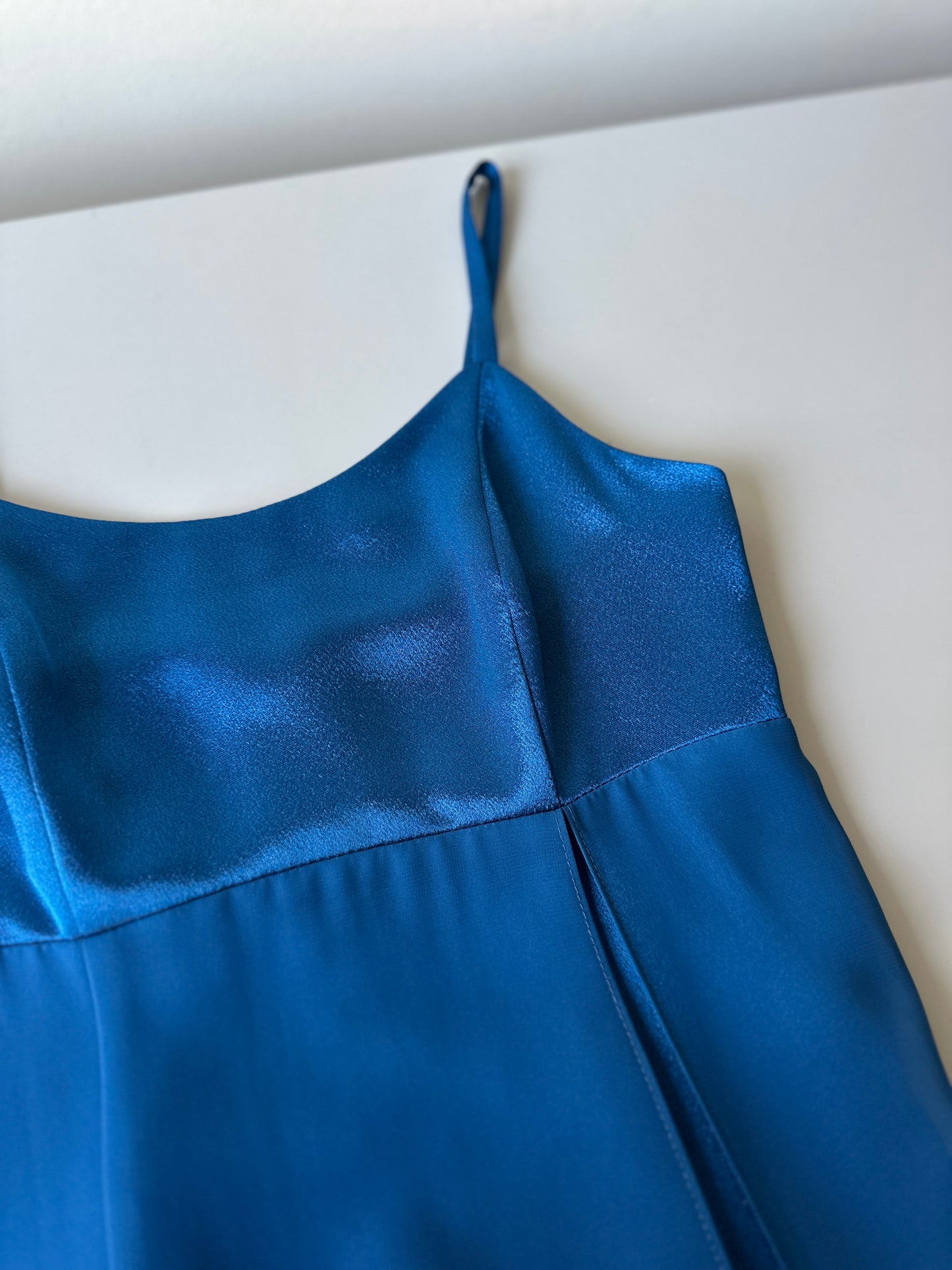 vibrant blue two toned formal dress with neck scarf