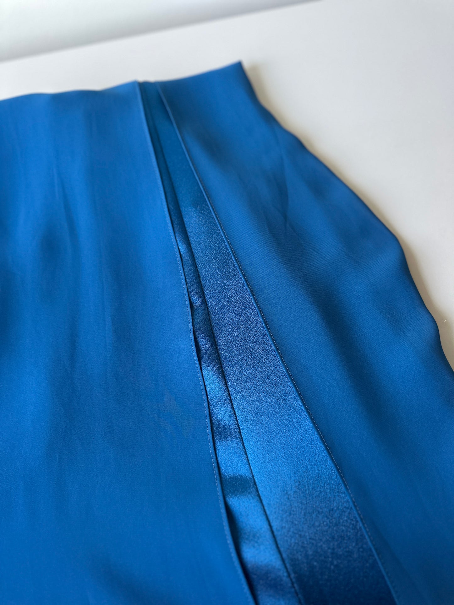 vibrant blue two toned formal dress with neck scarf