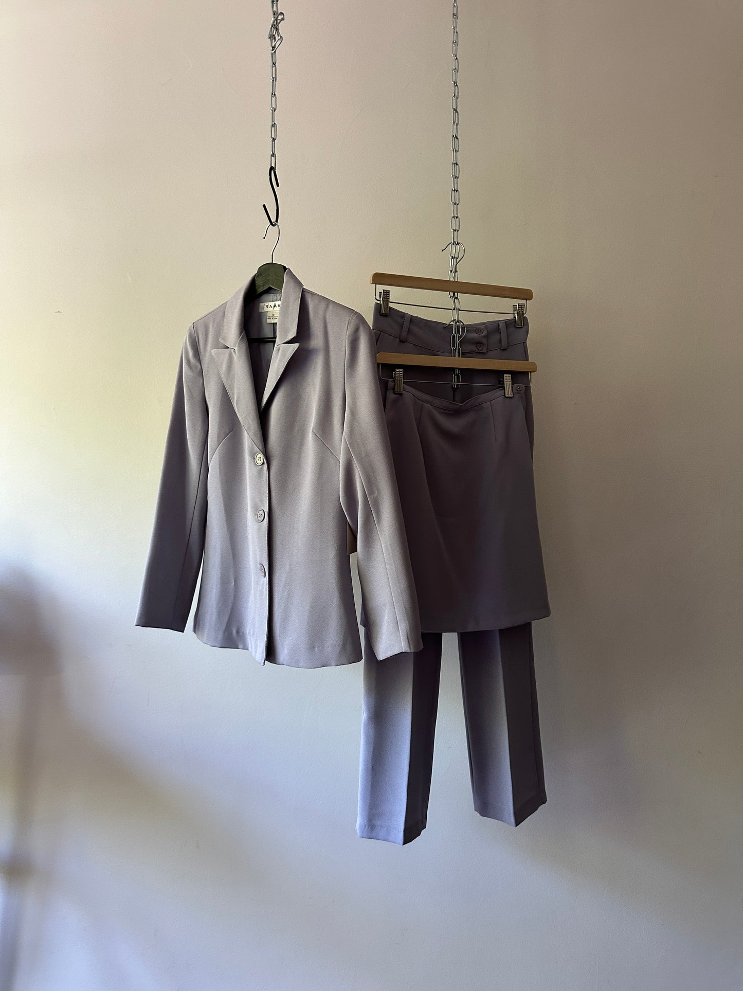 lilac coloured three piece suit