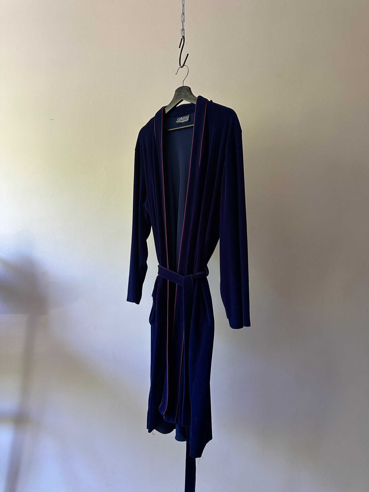 navy and red velour dressing gown