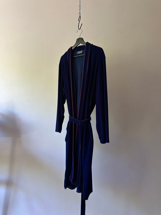navy and red velour dressing gown