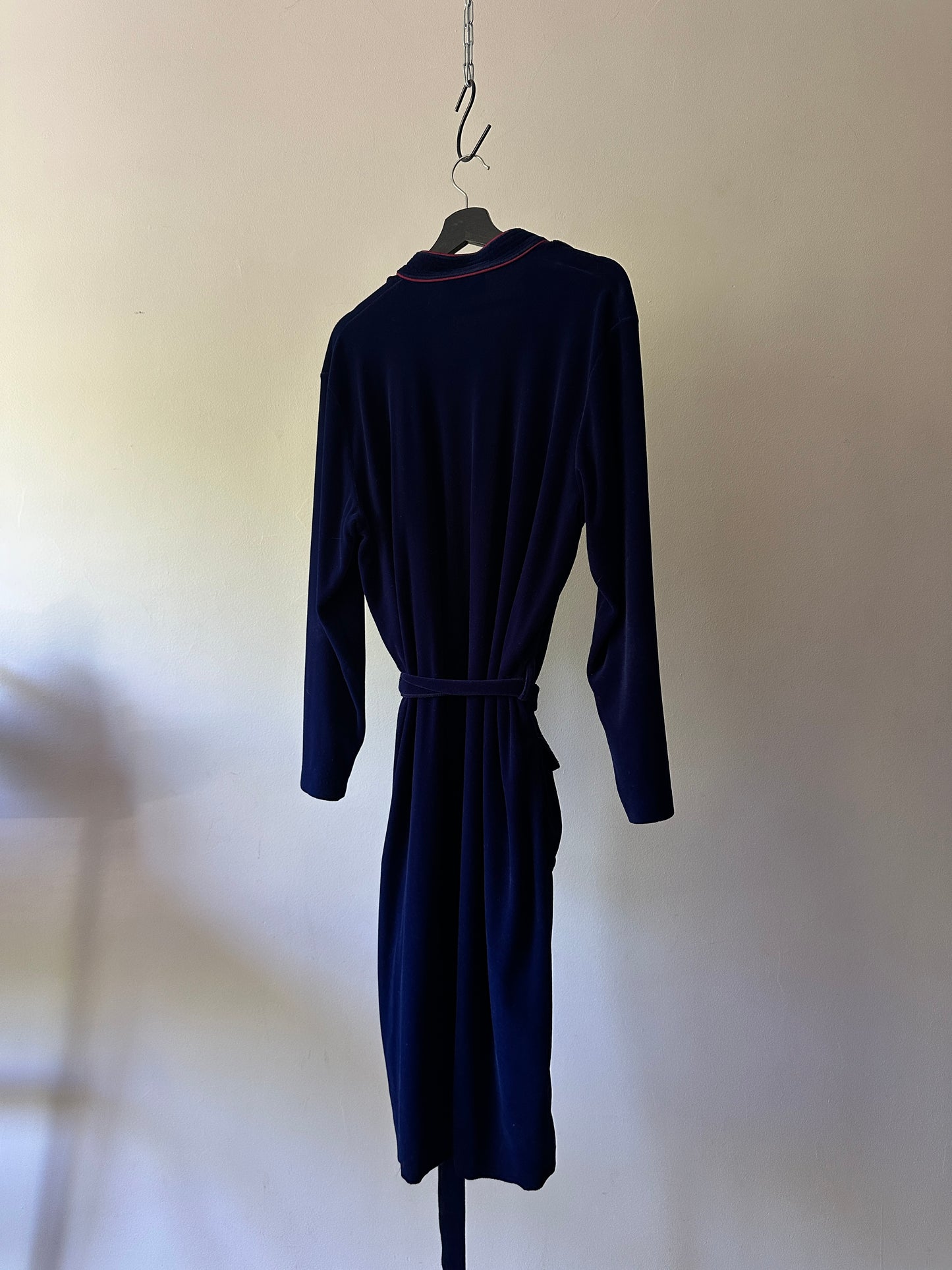 navy and red velour dressing gown