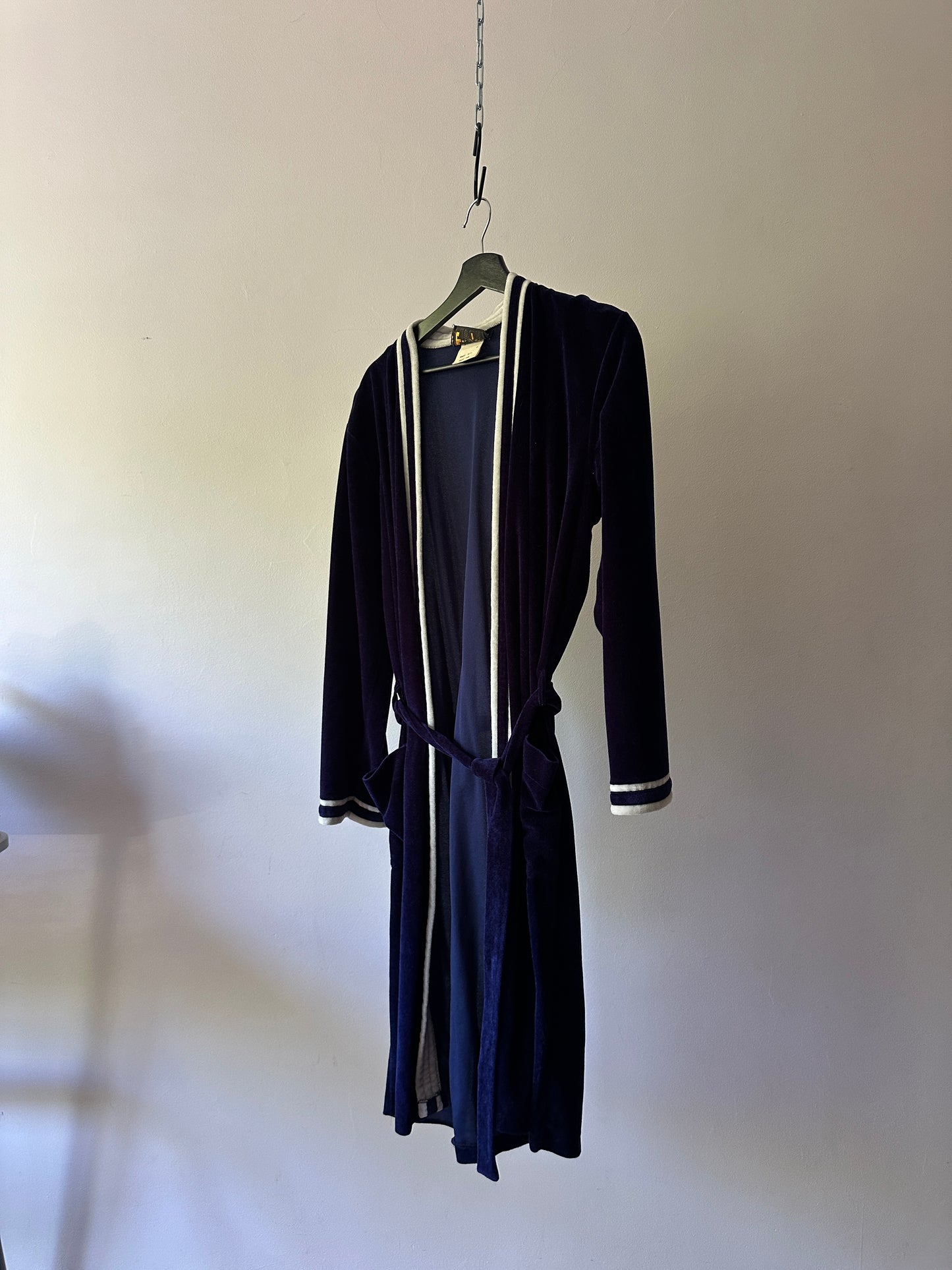 navy and white velour dressing gown