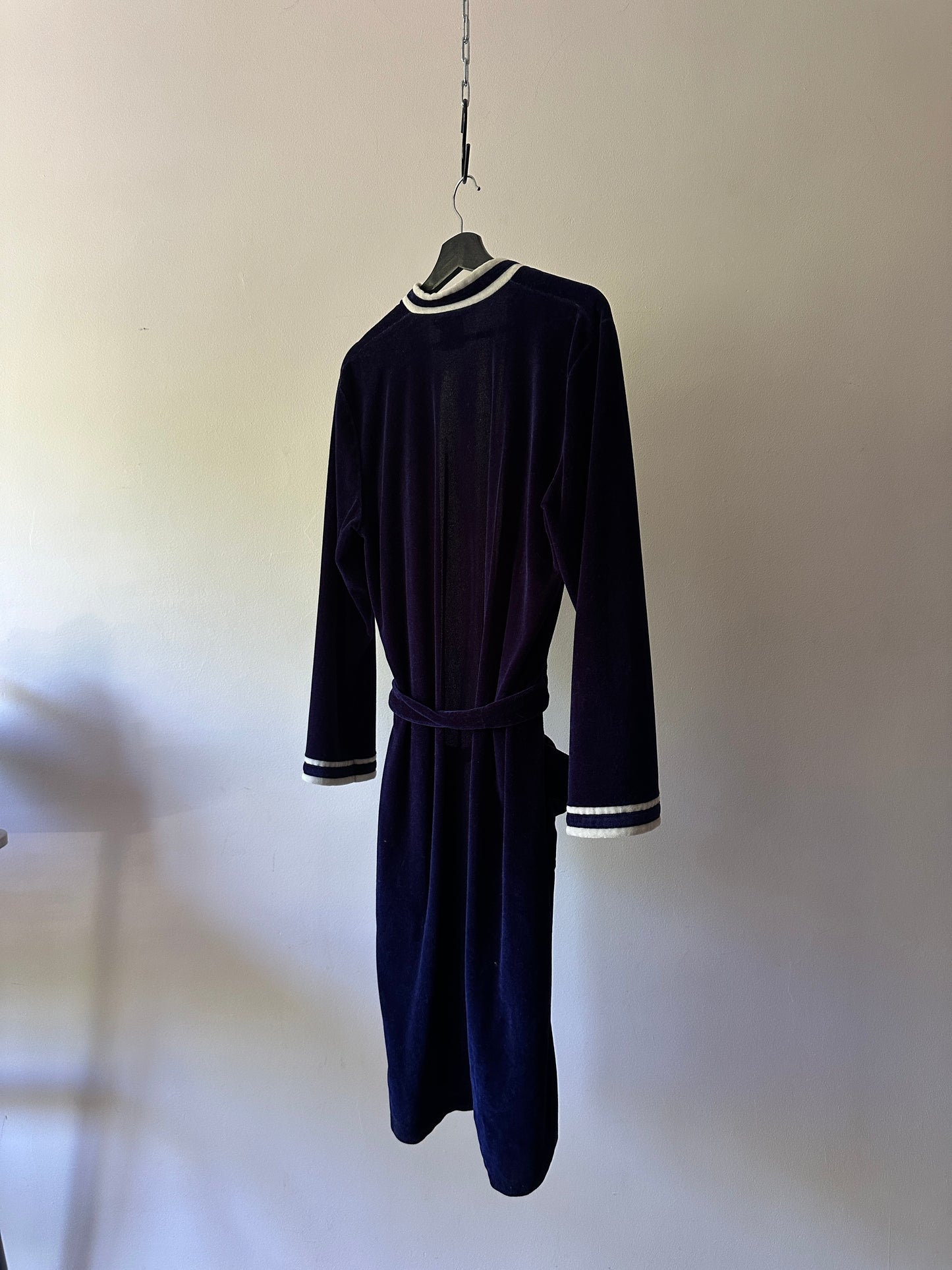 navy and white velour dressing gown
